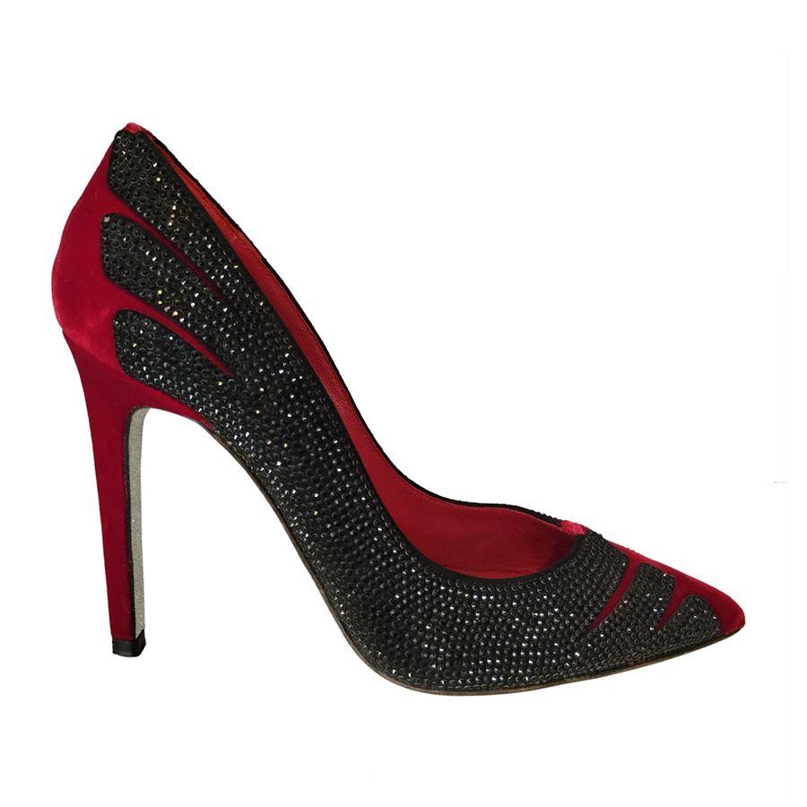 Velvet Red color Black crystals Glittered sole Heel height cm 10,5 (4,13 inches)