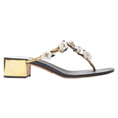 RENE CAOVILLA white crystal embellished floral gold thong metal heel sandal EU37