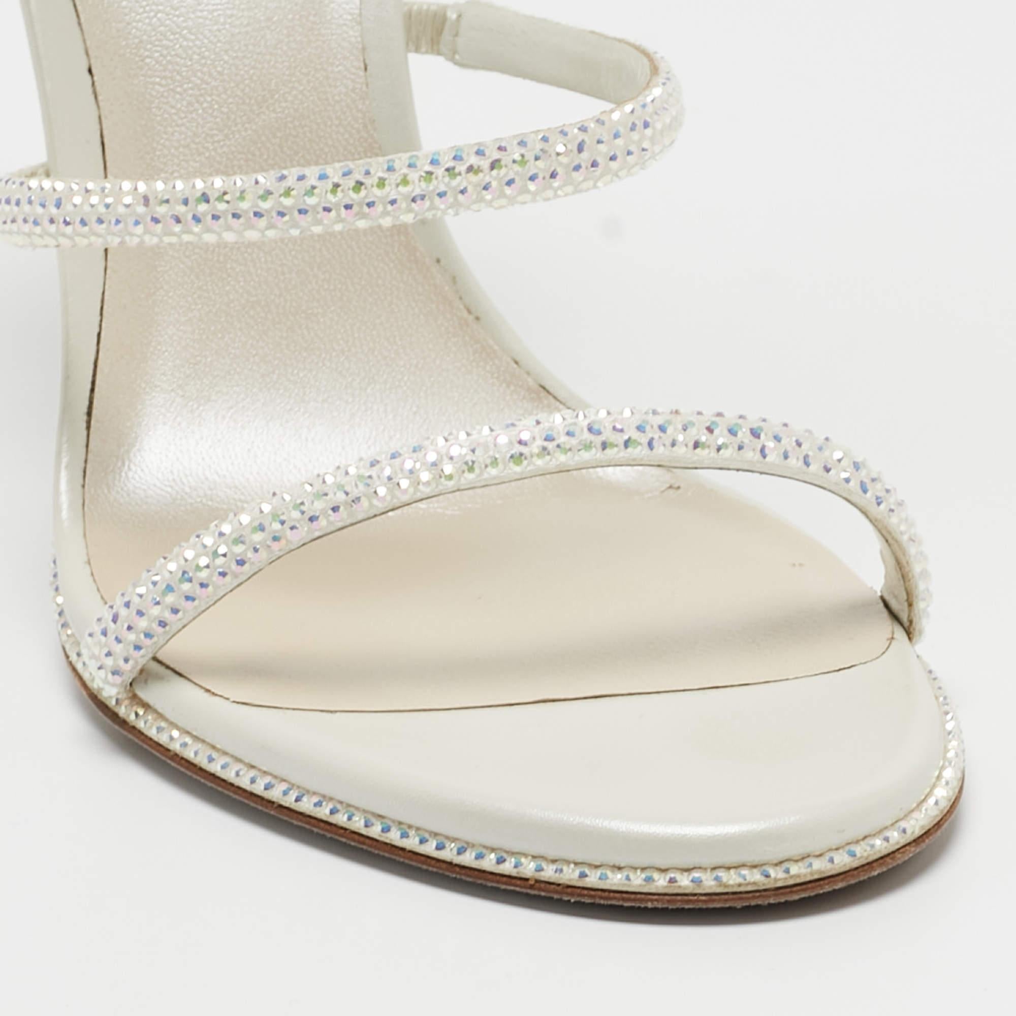 Women's René Caovilla White Satin Crystal Embellished and Leather Cleo Ankle Wrap Sandal