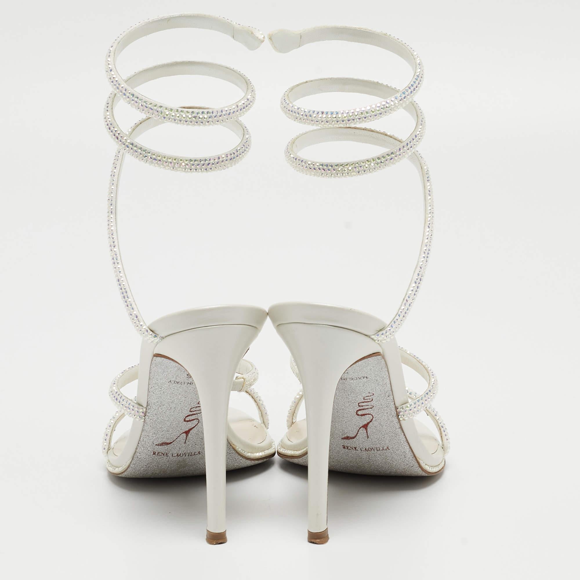René Caovilla White Satin Crystal Embellished and Leather Cleo Ankle Wrap Sandal 1