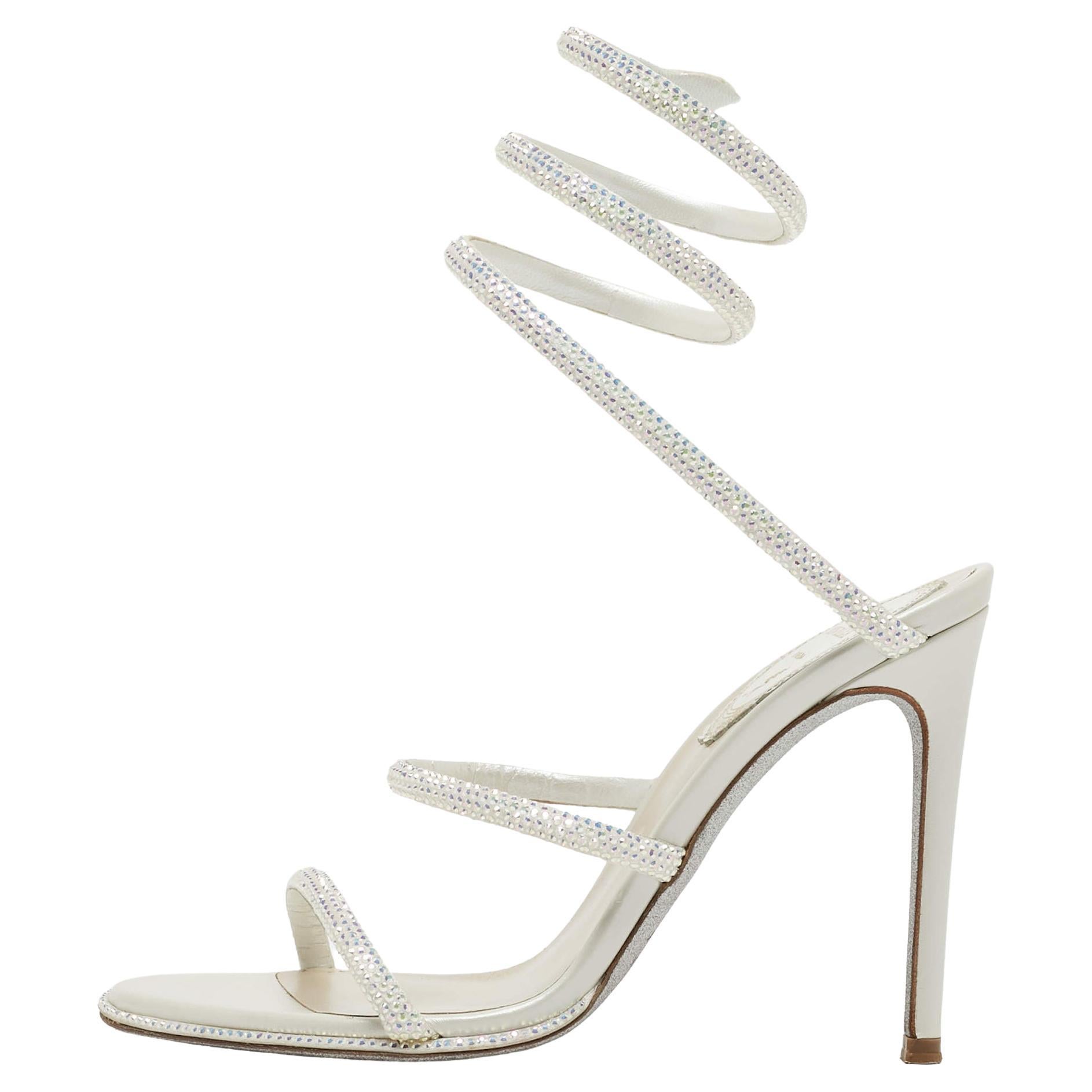 René Caovilla White Satin Crystal Embellished and Leather Cleo Ankle Wrap Sandal