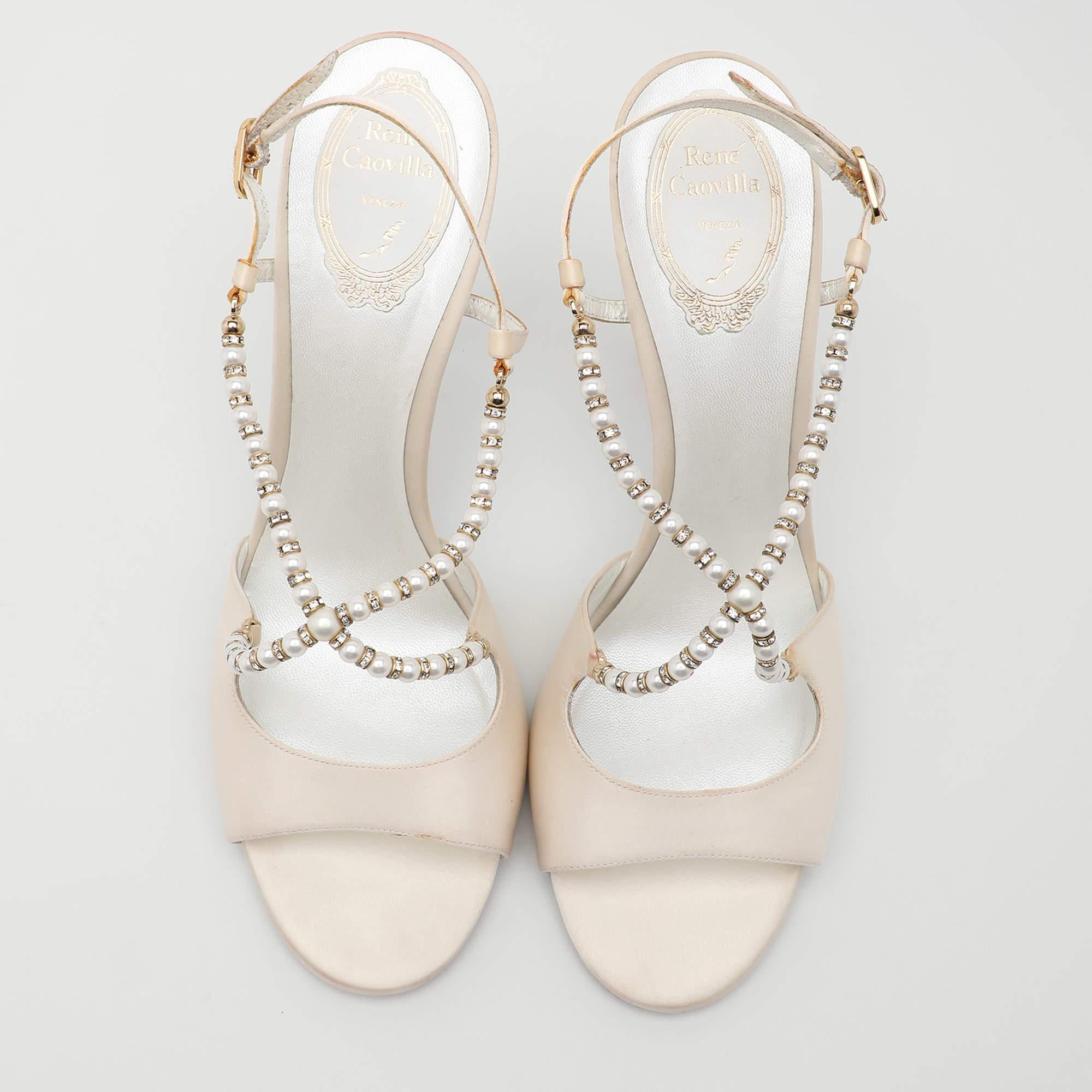 René Caovilla White Satin Embellished Slingback Sandals Size 40 In Good Condition In Dubai, Al Qouz 2