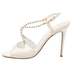 René Caovilla White Satin Embellished Slingback Sandals Size 40
