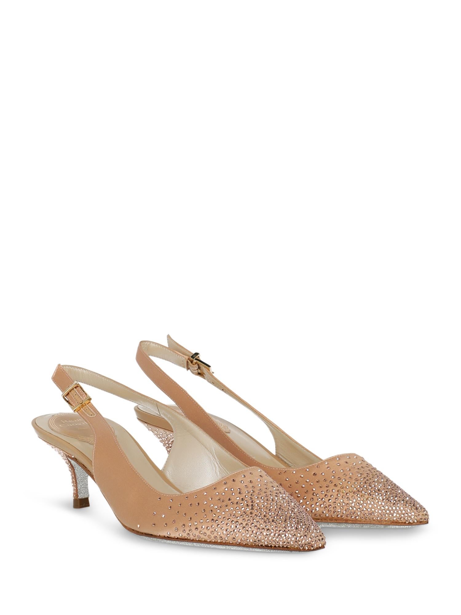 Shoe, fabric, solid color, backless design, slingback strap, pointed toe, branded insole, contrasting sole, cone heel, low and flat heel, crystal embellishment, embellished heel.

Includes:
- Dust bag
- Box
- Heel tip replacement

Product Condition: