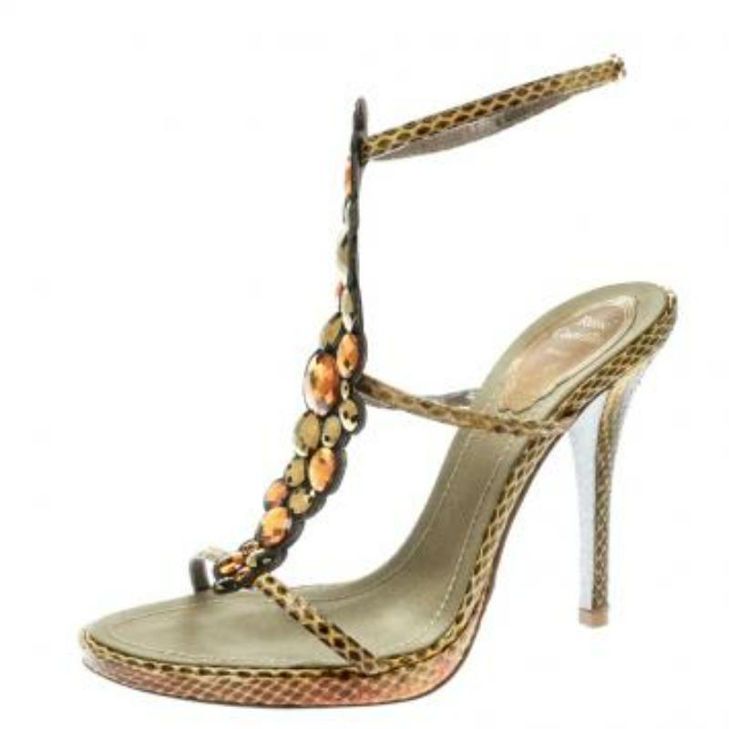 René Caovilla Sandali Strappy impreziositi da cristalli in pitone giallo misura 37,5 in vendita 1
