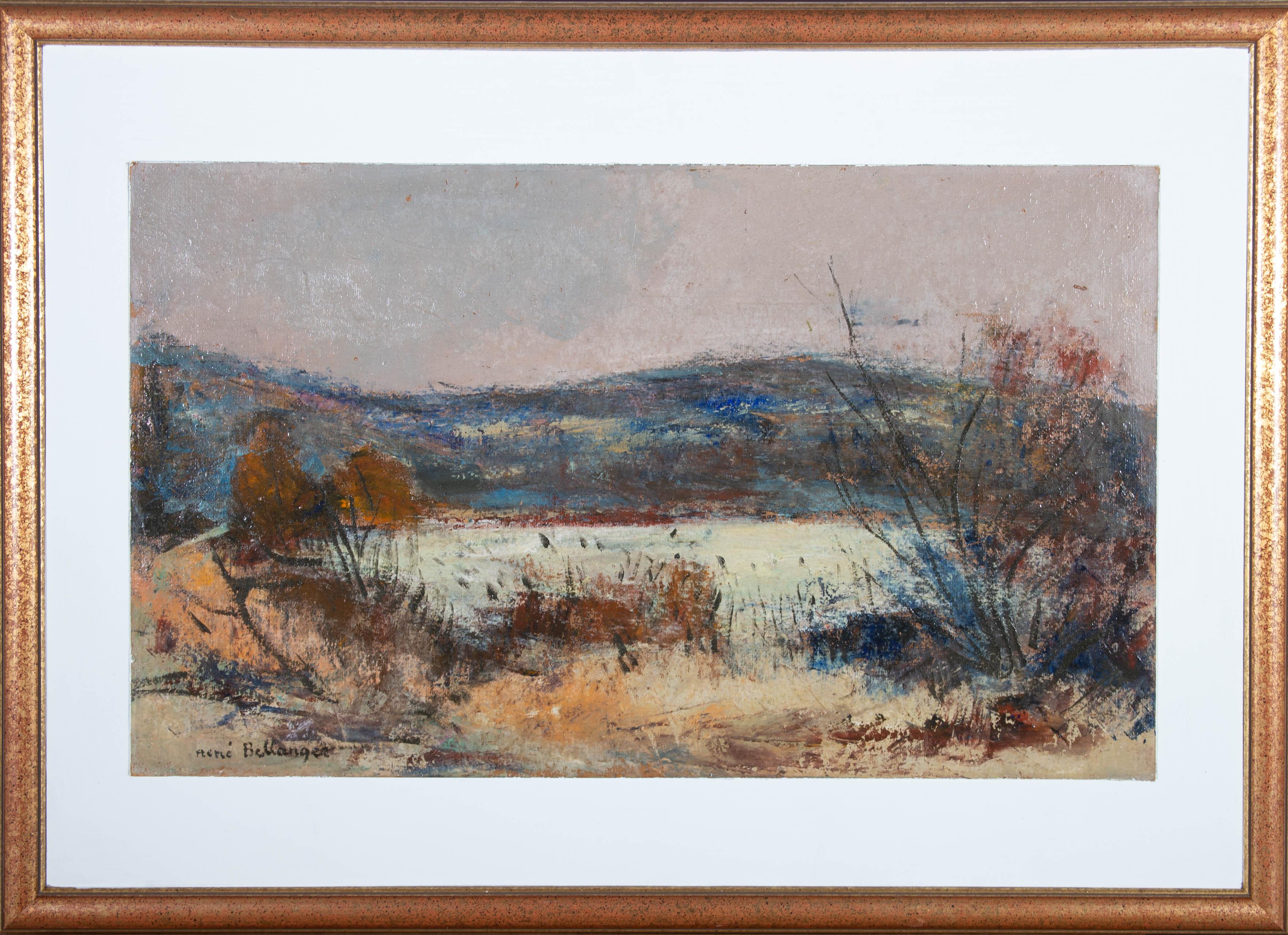 Une peinture à l'huile accomplie par l'artiste Rene Charles Bellanger, représentant un paysage rural. Avec des influences évidentes du mouvement post-impressionniste, l'artiste a réalisé une composition harmonieuse et bien équilibrée. Signé et daté