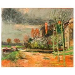 «Las orillas del río y las casas de Alsacia», Francia, década de 1950. Óleo sobre lienzo, firmado