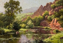 Fine French Impressionist River Landscape Rocky Hills & Reflections Oil Painting