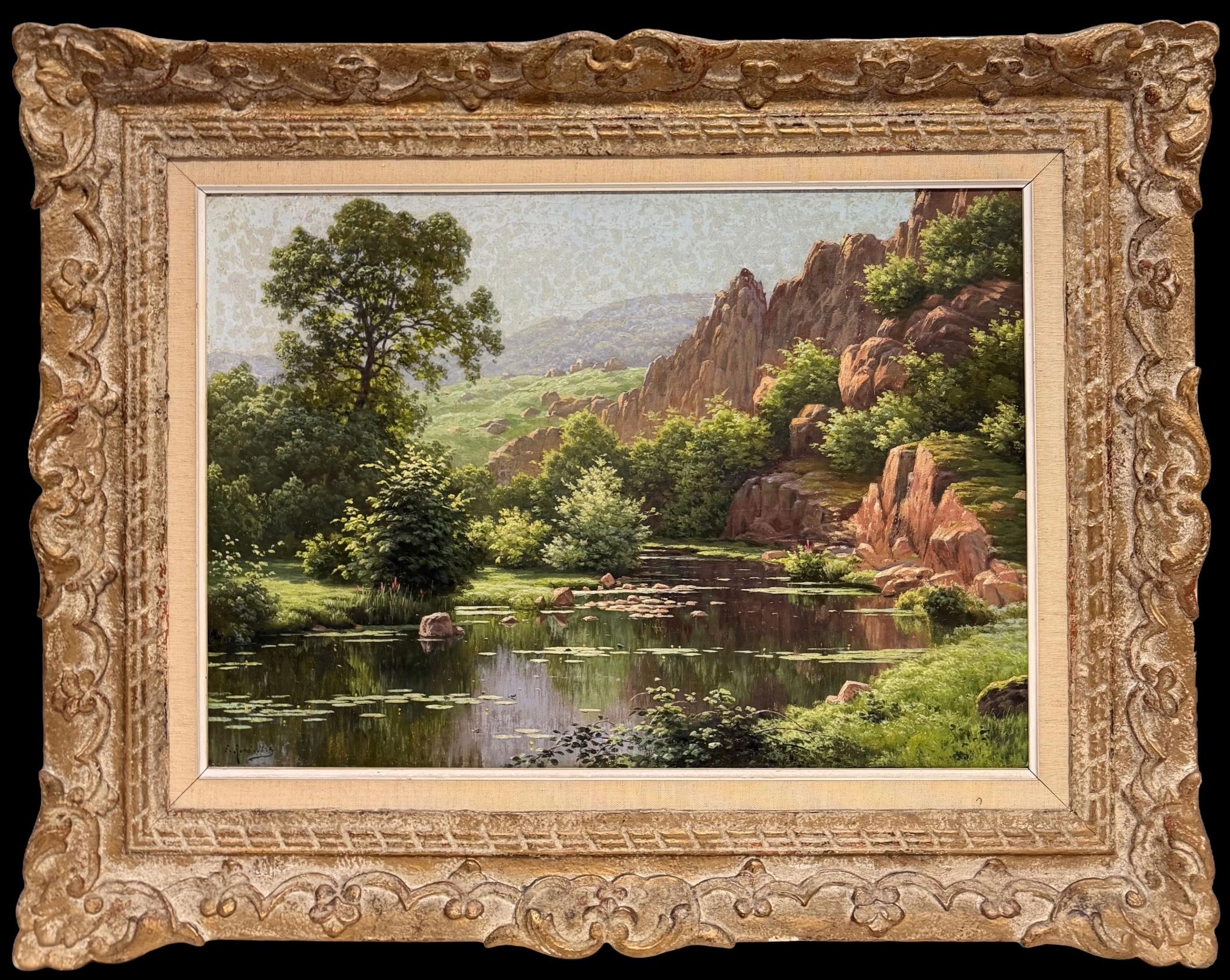 Fine French Impressionist River Landscape Rocky Hills & Reflections Oil Painting