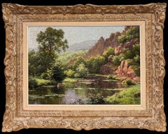 Fine French Impressionist River Landscape Rocky Hills & Reflections Oil Painting