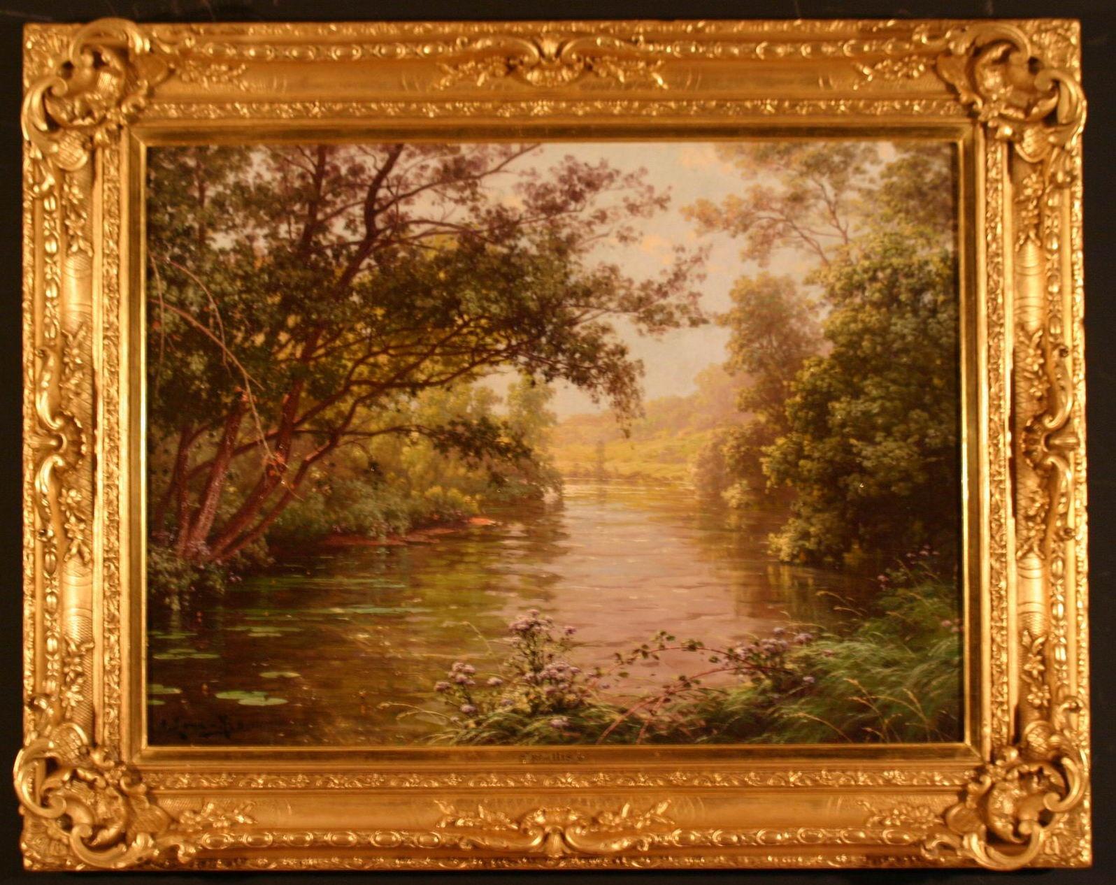 Un paisaje fluvial arbolado - Painting de René Charles Edmond His