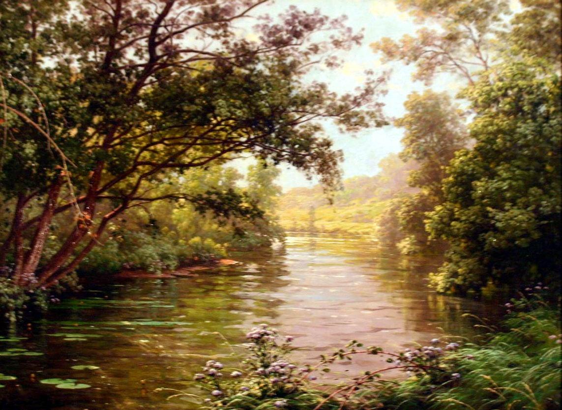 Landscape Painting de René Charles Edmond His - Un paisaje fluvial arbolado