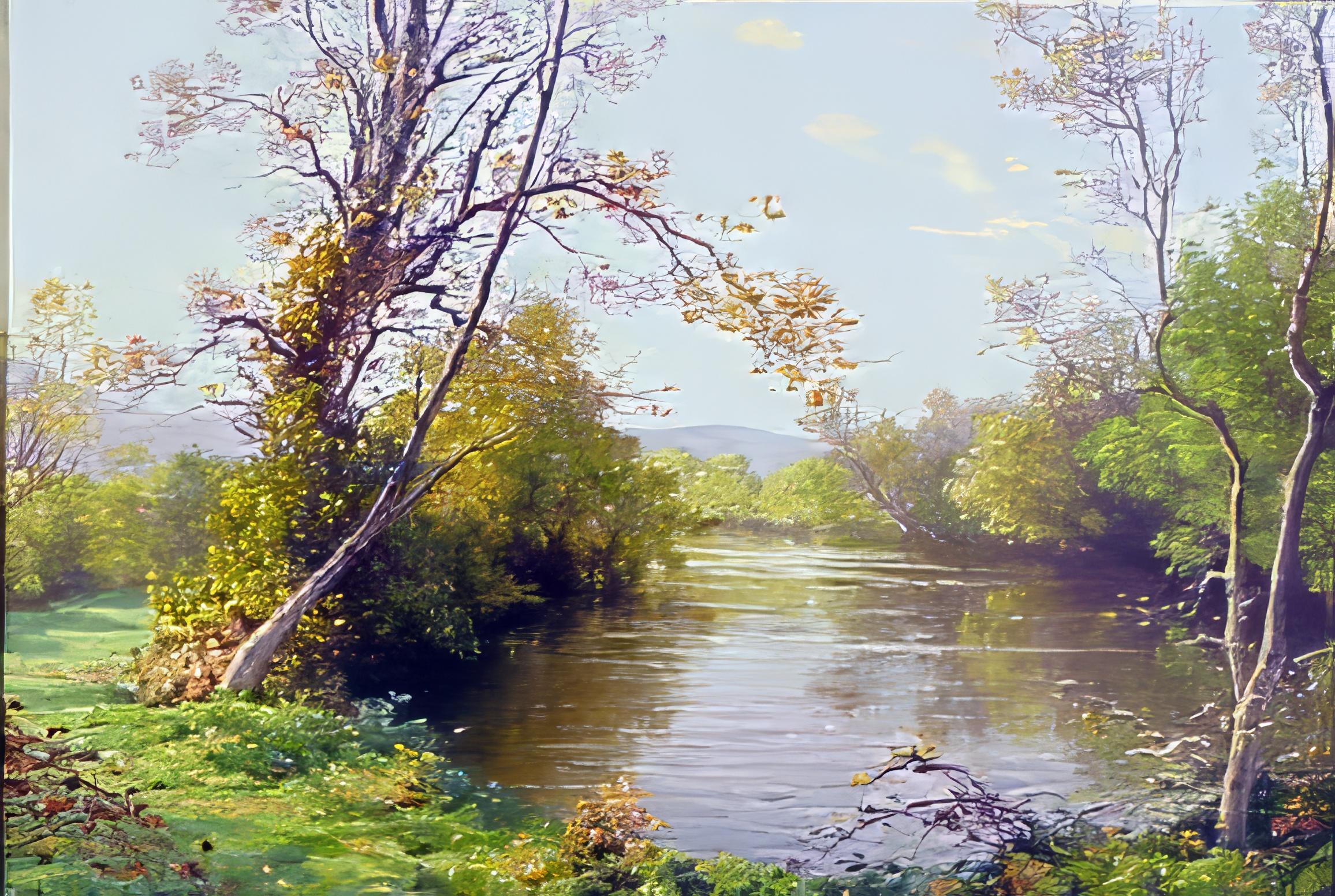 Landscape Painting di René Charles Edmond His - Una scena autunnale sul fiume