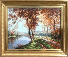"Autumn Day by the River" — Early 20th Century Impressionist Oil on Canvas Lands