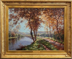 «Un día de otoño junto al río» — Óleo sobre lienzo de principios del siglo XX. Paisaje francés