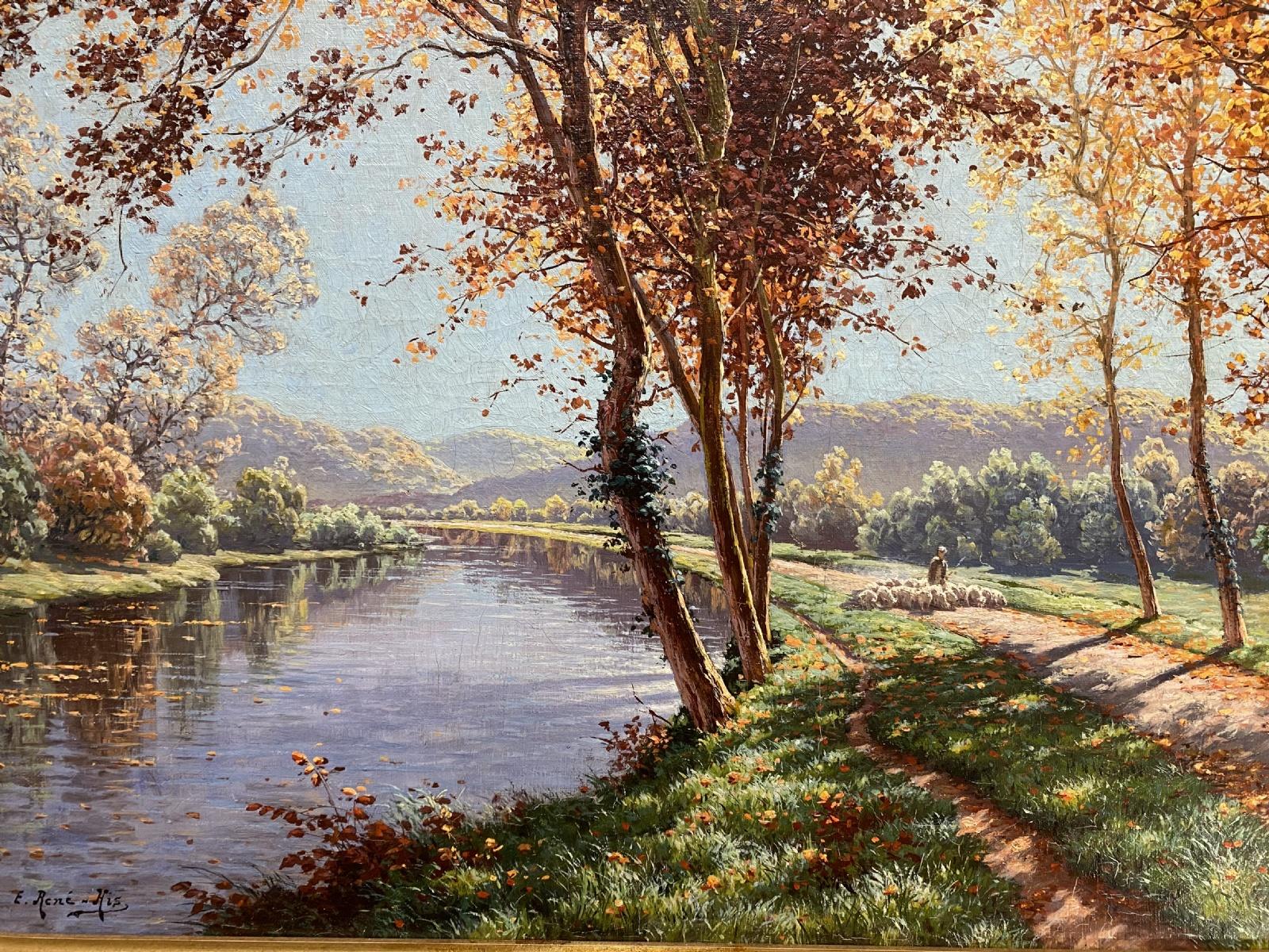 "An Autumn Day by the River" — Early 20th Century Oil on Canvas French Landscape