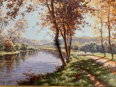 «Un día de otoño junto al río» — Óleo sobre lienzo de principios del siglo XX. Paisaje francés