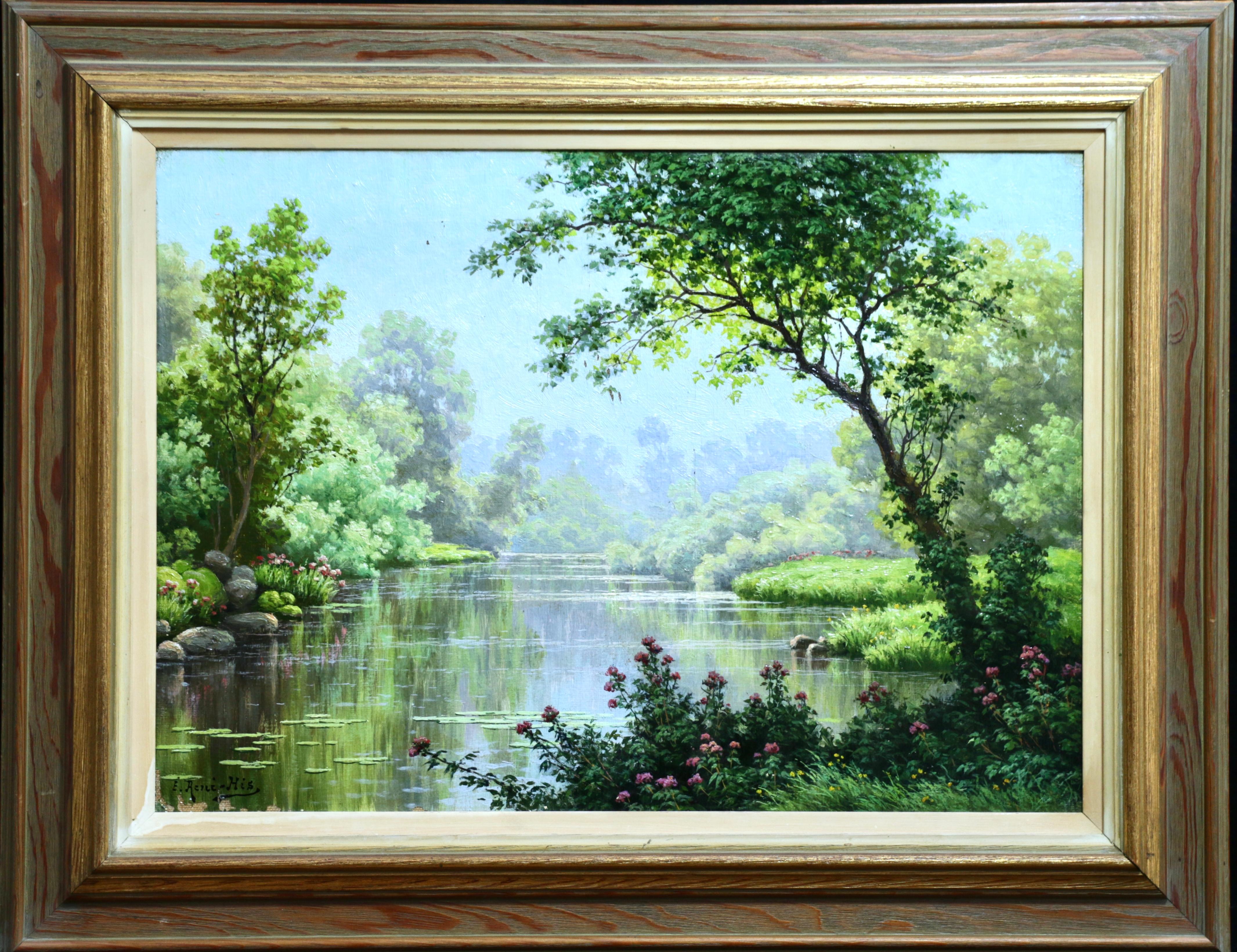 Water Lilies on a River - Mid 20th Century Oil, Riverscape Landscape by Rene His - Painting by René Charles Edmond His
