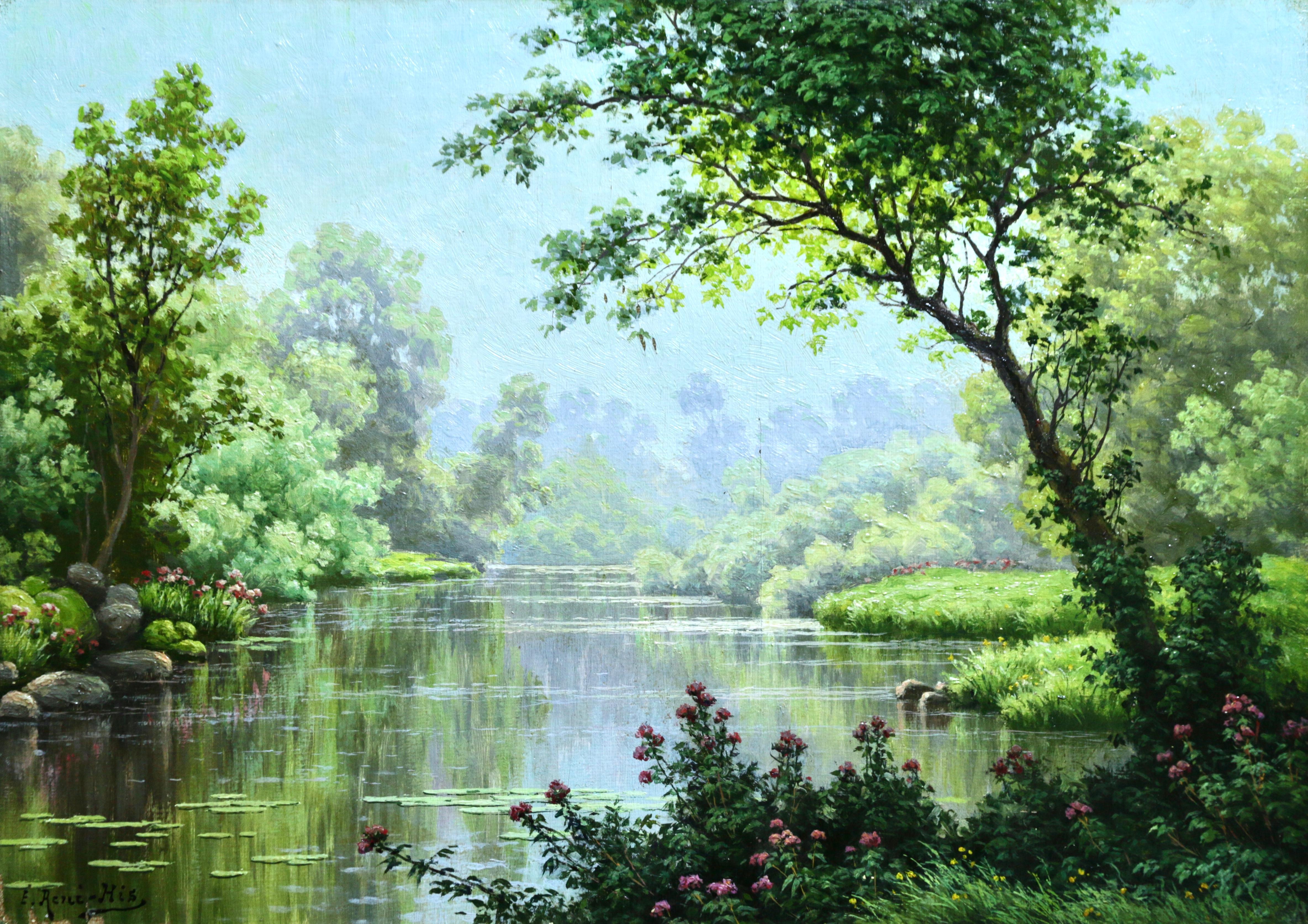 René Charles Edmond His Landscape Painting - Water Lilies on a River - Mid 20th Century Oil, Riverscape Landscape by Rene His