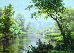 Lilies d'eau sur une rivière - Huile du milieu du 20e siècle:: paysage de rivière par René His