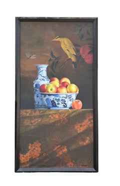Large Trompe L'oeil Oil Painting Rene Chavelle Belgian Hyper Realist Apples
