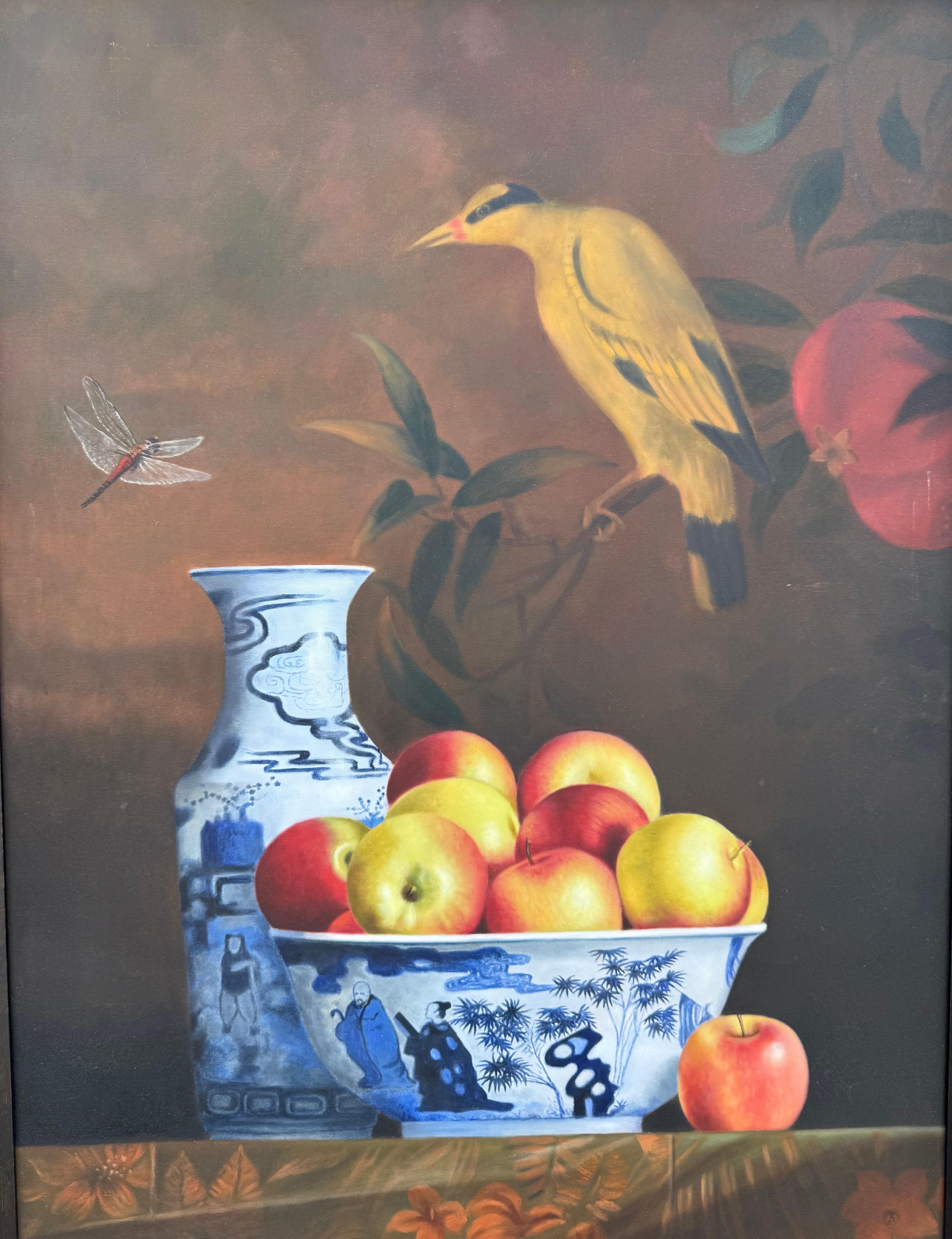Gran cuadro al óleo trampantojo René Chavelle Manzanas hiperrealistas belgas - Painting Arte pop de Rene Chavelle