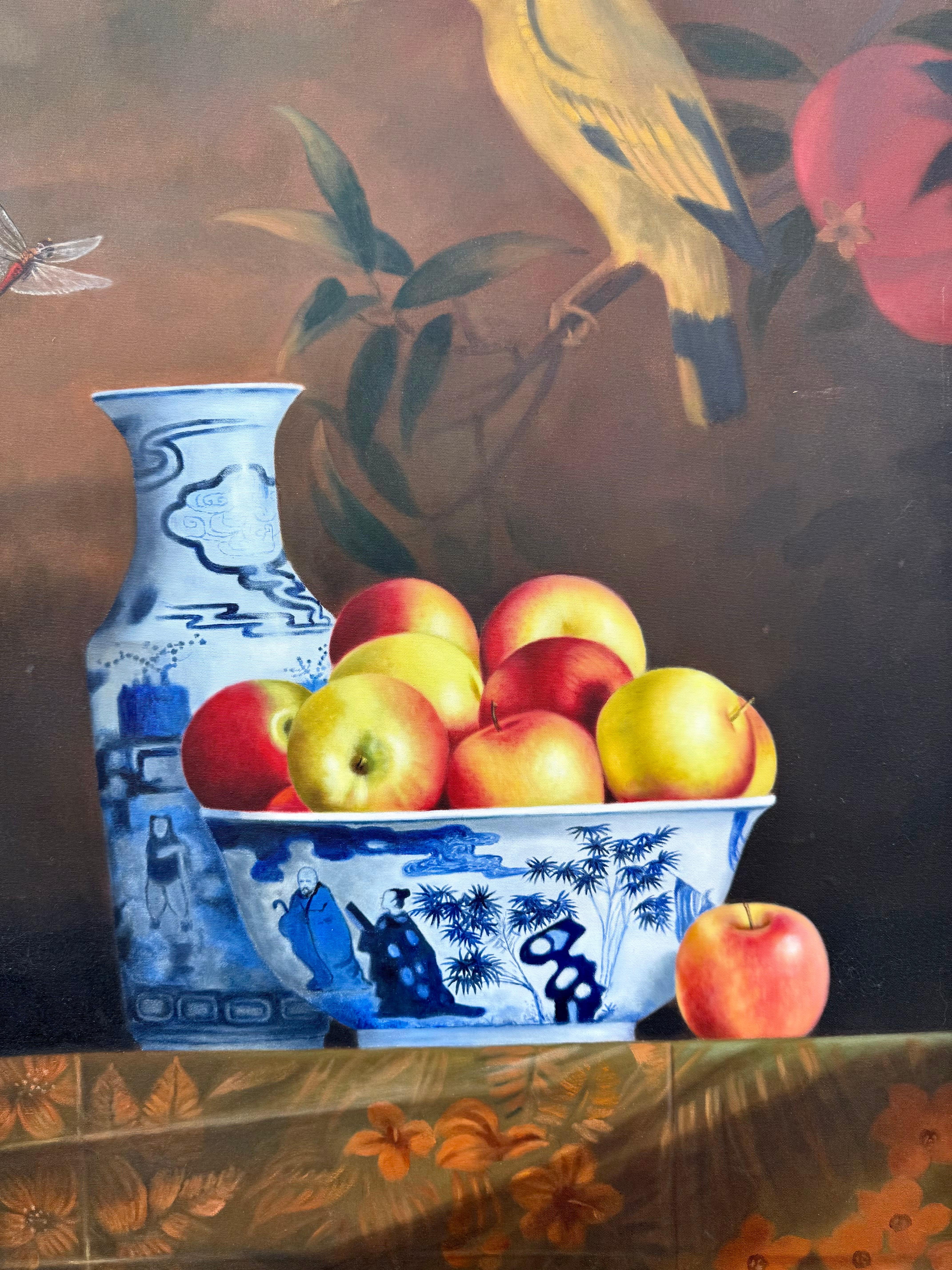 Gran cuadro al óleo trampantojo René Chavelle Manzanas hiperrealistas belgas - Figurative Painting Negro de Rene Chavelle