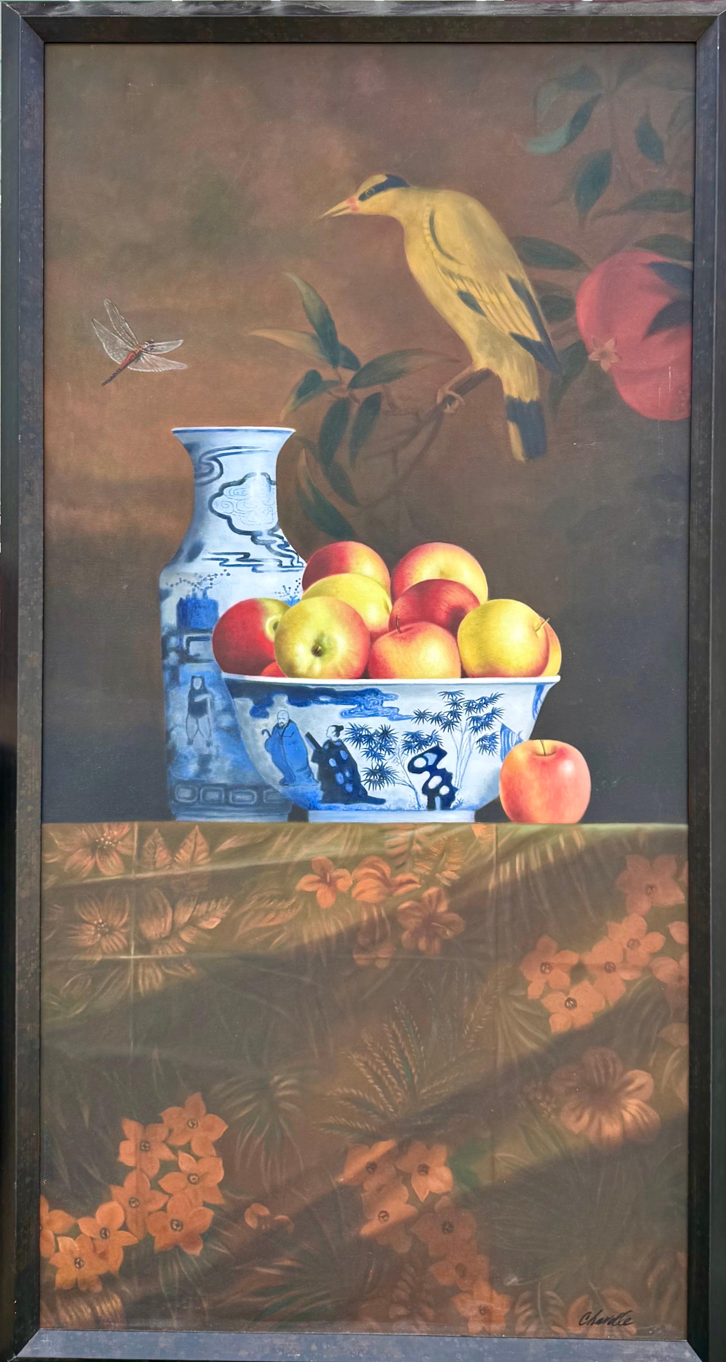 Gran cuadro al óleo trampantojo René Chavelle Manzanas hiperrealistas belgas en venta 1