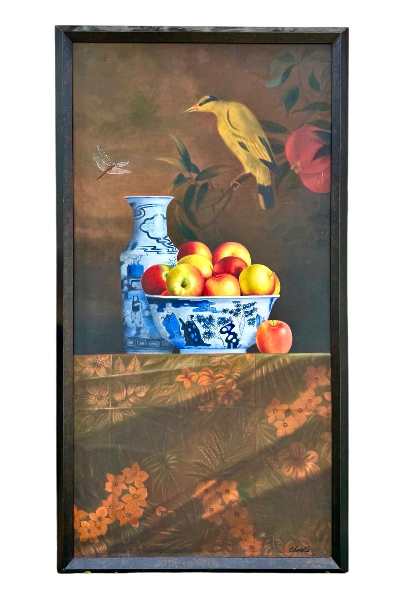 Gran cuadro al óleo trampantojo René Chavelle Manzanas hiperrealistas belgas en venta 2