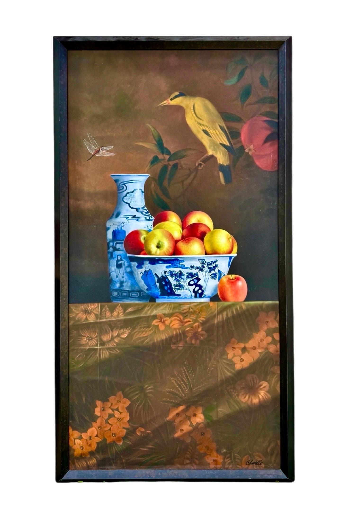 Figurative Painting de Rene Chavelle - Gran cuadro al óleo trampantojo René Chavelle Manzanas hiperrealistas belgas