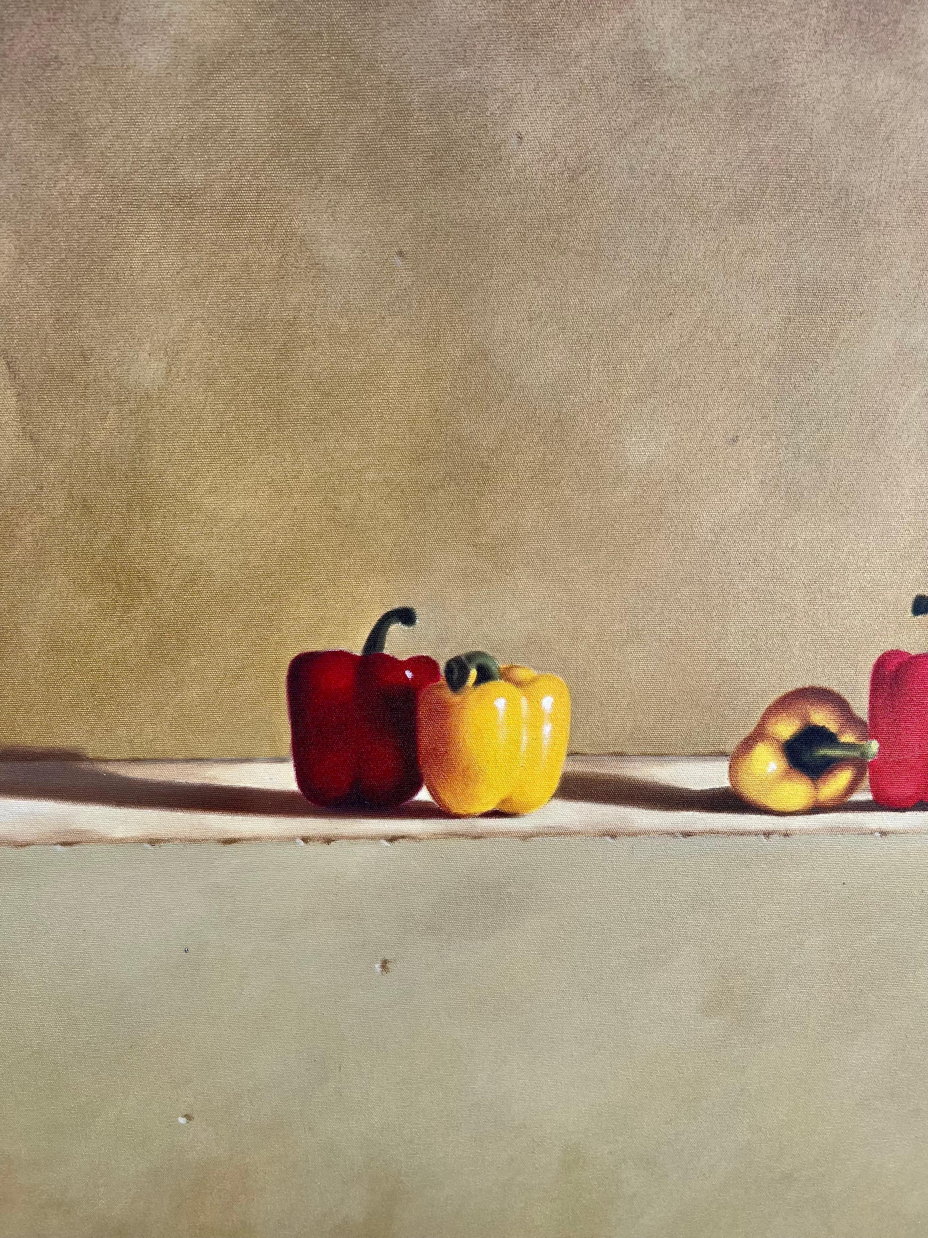 Large Trompe L'oeil Oil Painting Rene Chavelle Belgian Photo Realist Peppers For Sale 11