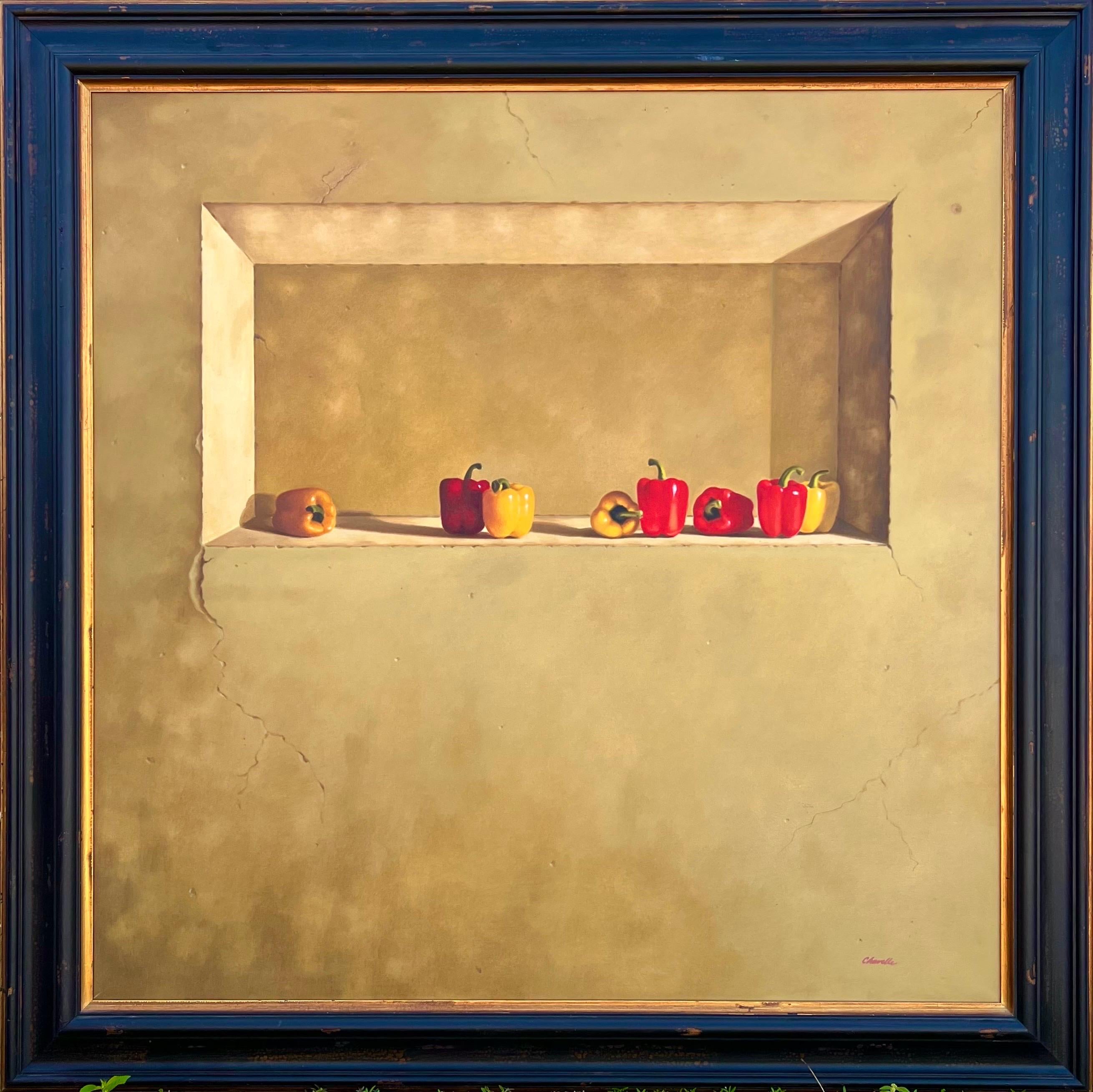 Large Trompe L'oeil Oil Painting Rene Chavelle Belgian Photo Realist Peppers For Sale 12