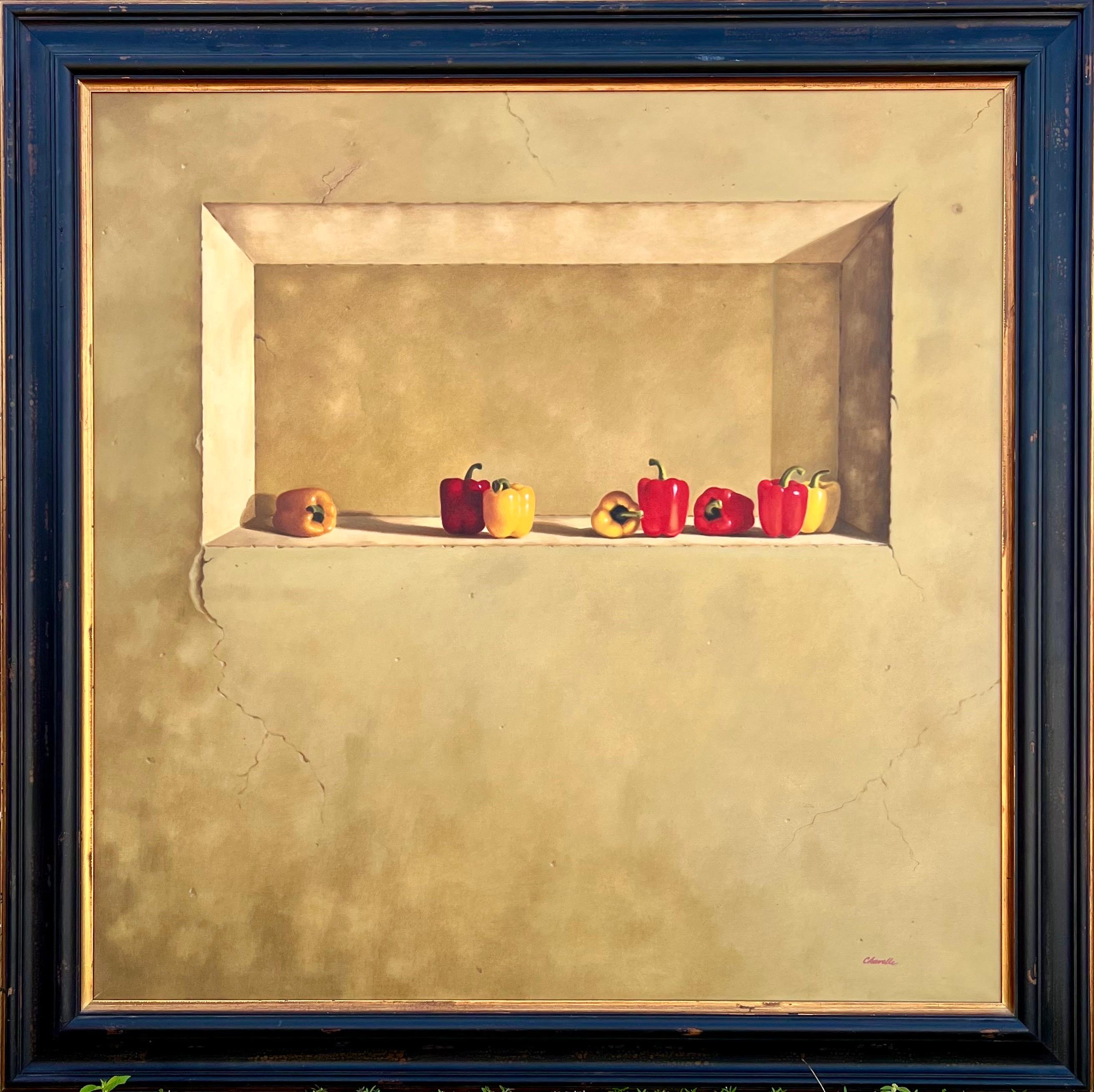Large Trompe L'oeil Oil Painting Rene Chavelle Belgian Photo Realist Peppers For Sale 14
