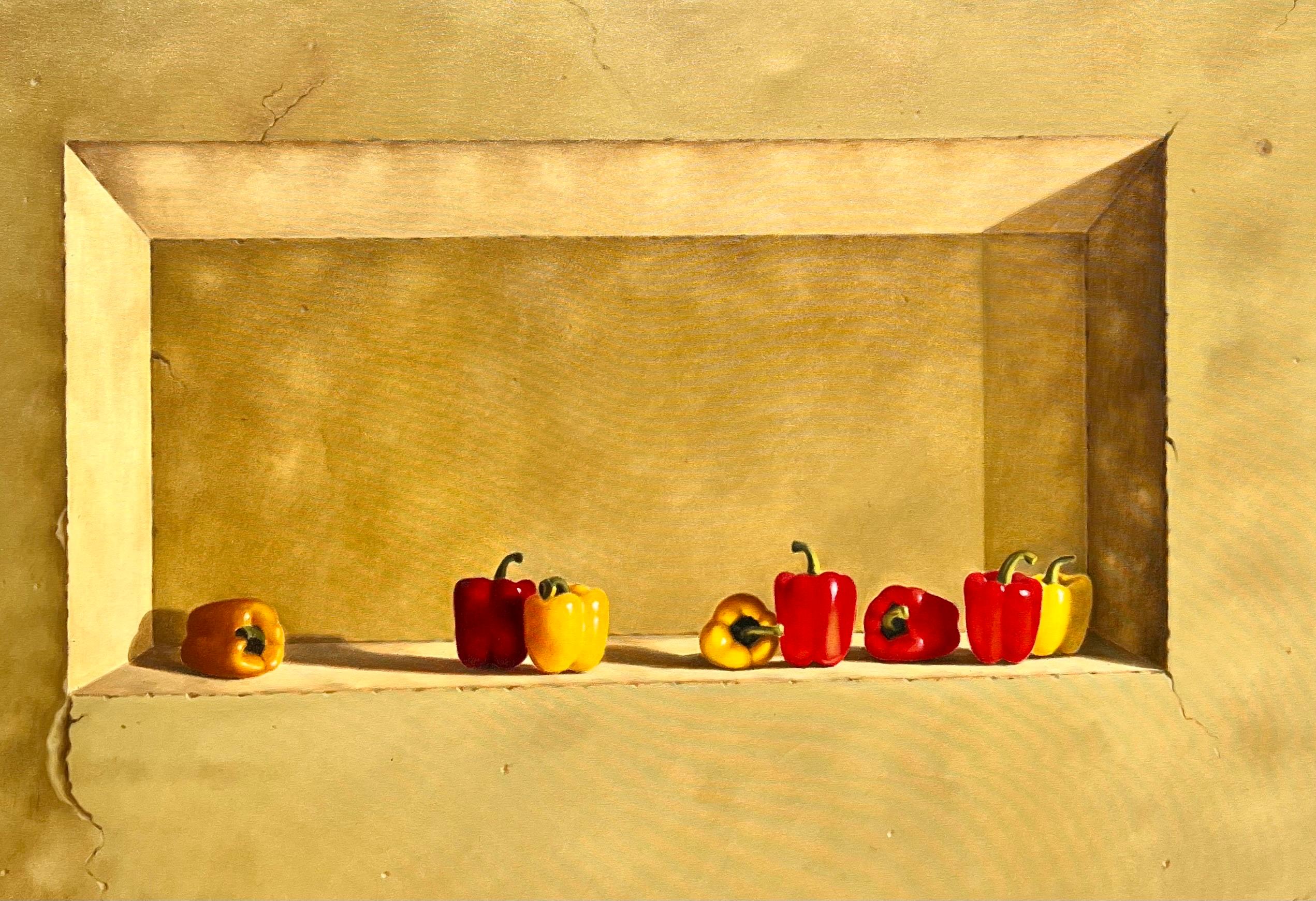 Nature morte hyperréaliste monumentale de poivrons, 
Signé à la main
Huile sur toile
 48 x 48 in, 58 x 58 in (encadré)
Parfait pour une cuisine, un étalage coloré de poivrons rouges et jaunes sur un faux mur de ferme ou de château craquelé en trompe