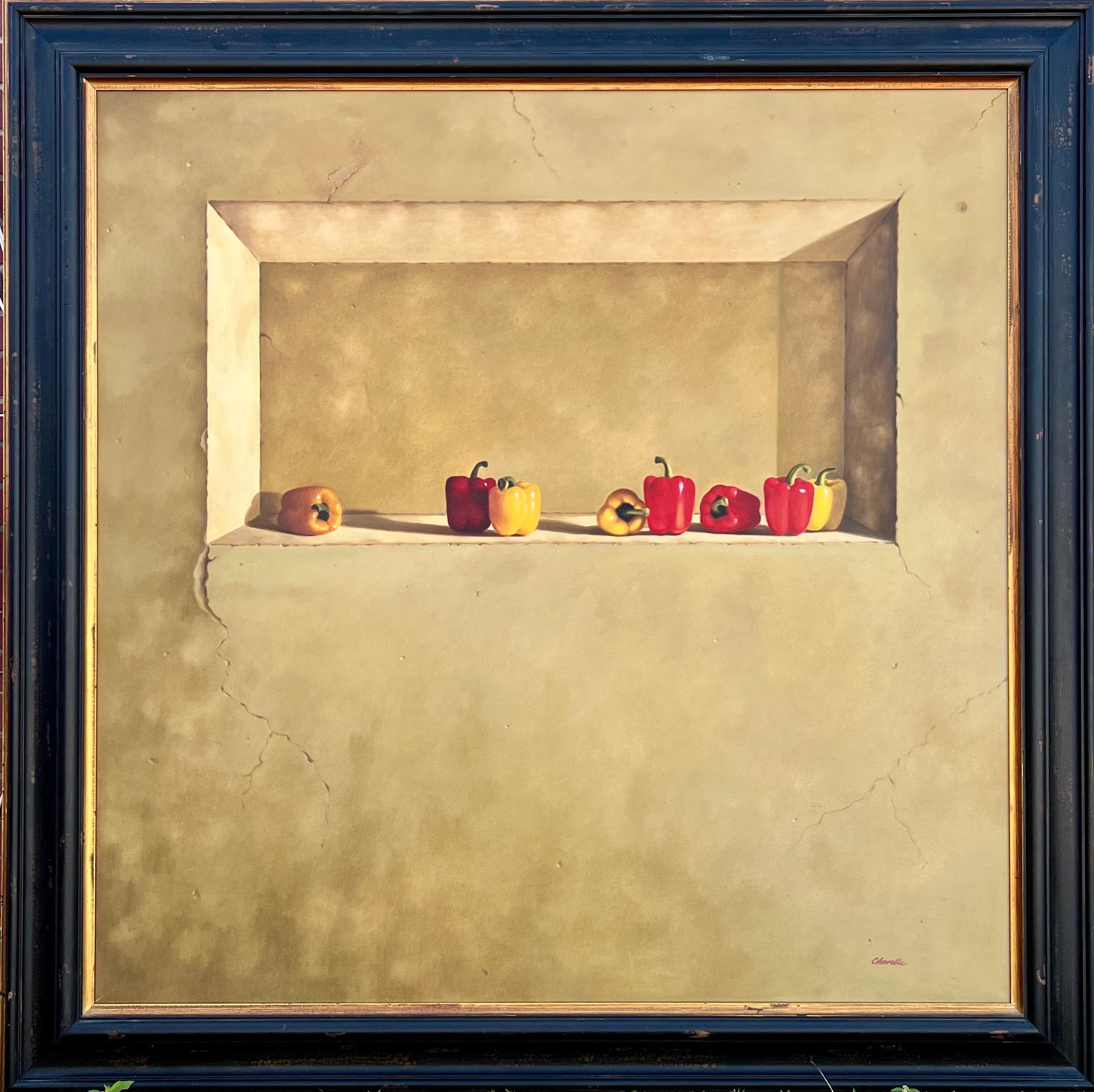 Large Trompe L'oeil Oil Painting Rene Chavelle Belgian Photo Realist Peppers For Sale 2