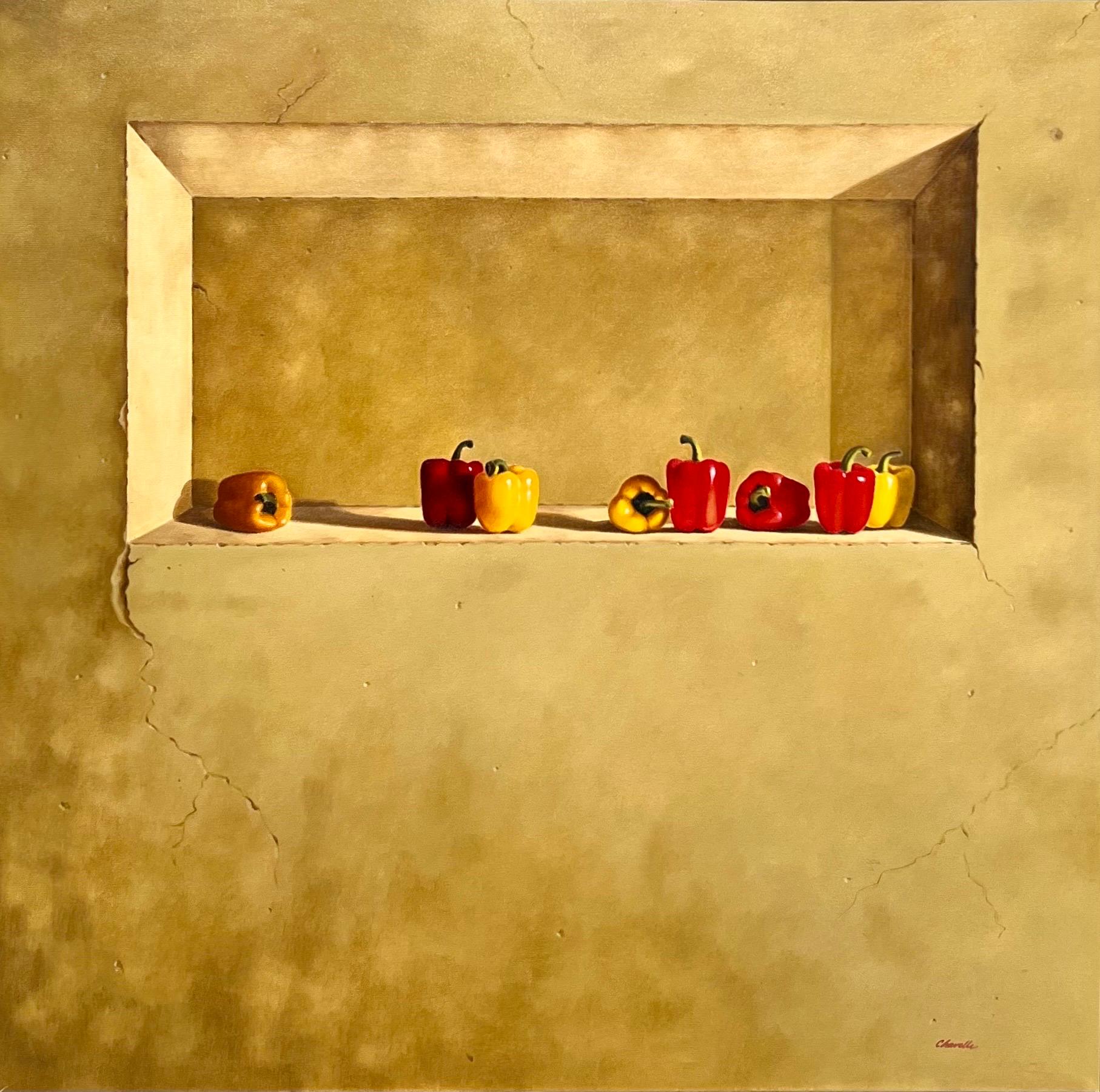 Monumental Hyper Realist Still Life Painting Of Peppers, 
Hand Signed
Oil on canvas
 48 x 48 in, 58 x 58 in (framed)
Perfect for a kitchen, A colorful display of red and yellow peppers on a faux, Trompe L'oeil cracked farmhouse or châteaux wall.