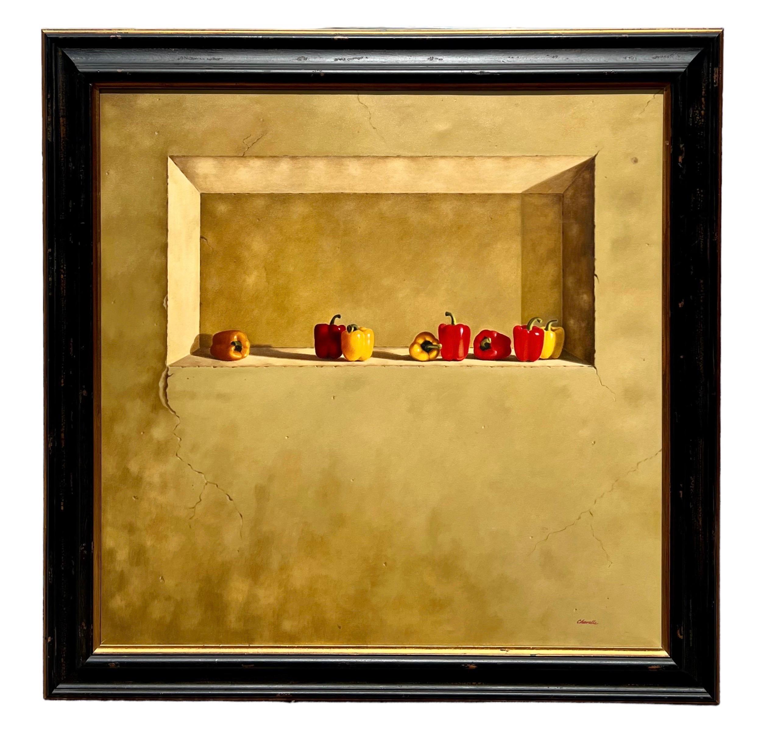 Large Trompe L'oeil Oil Painting Rene Chavelle Belgian Photo Realist Peppers For Sale 5