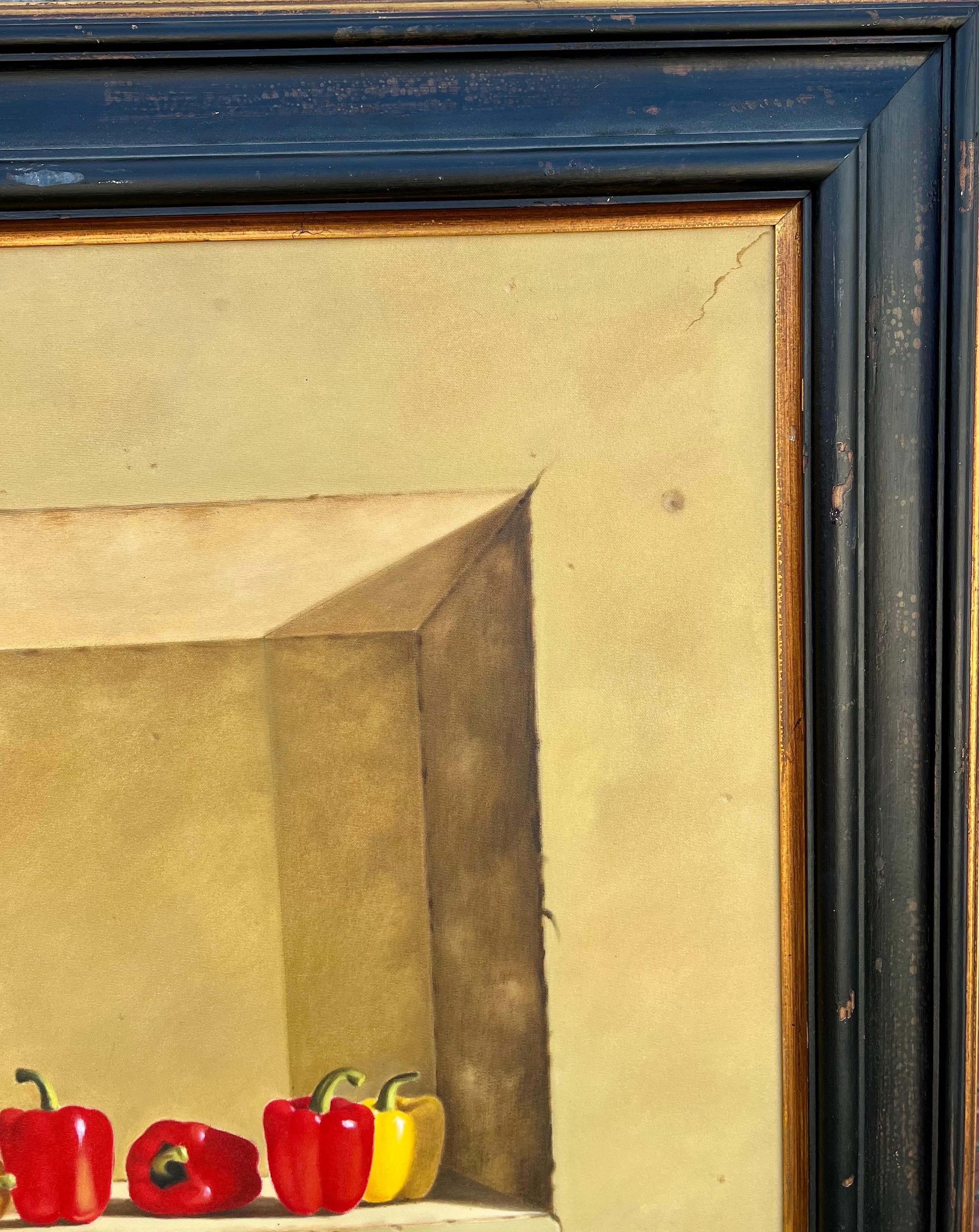 Large Trompe L'oeil Oil Painting Rene Chavelle Belgian Photo Realist Peppers For Sale 7