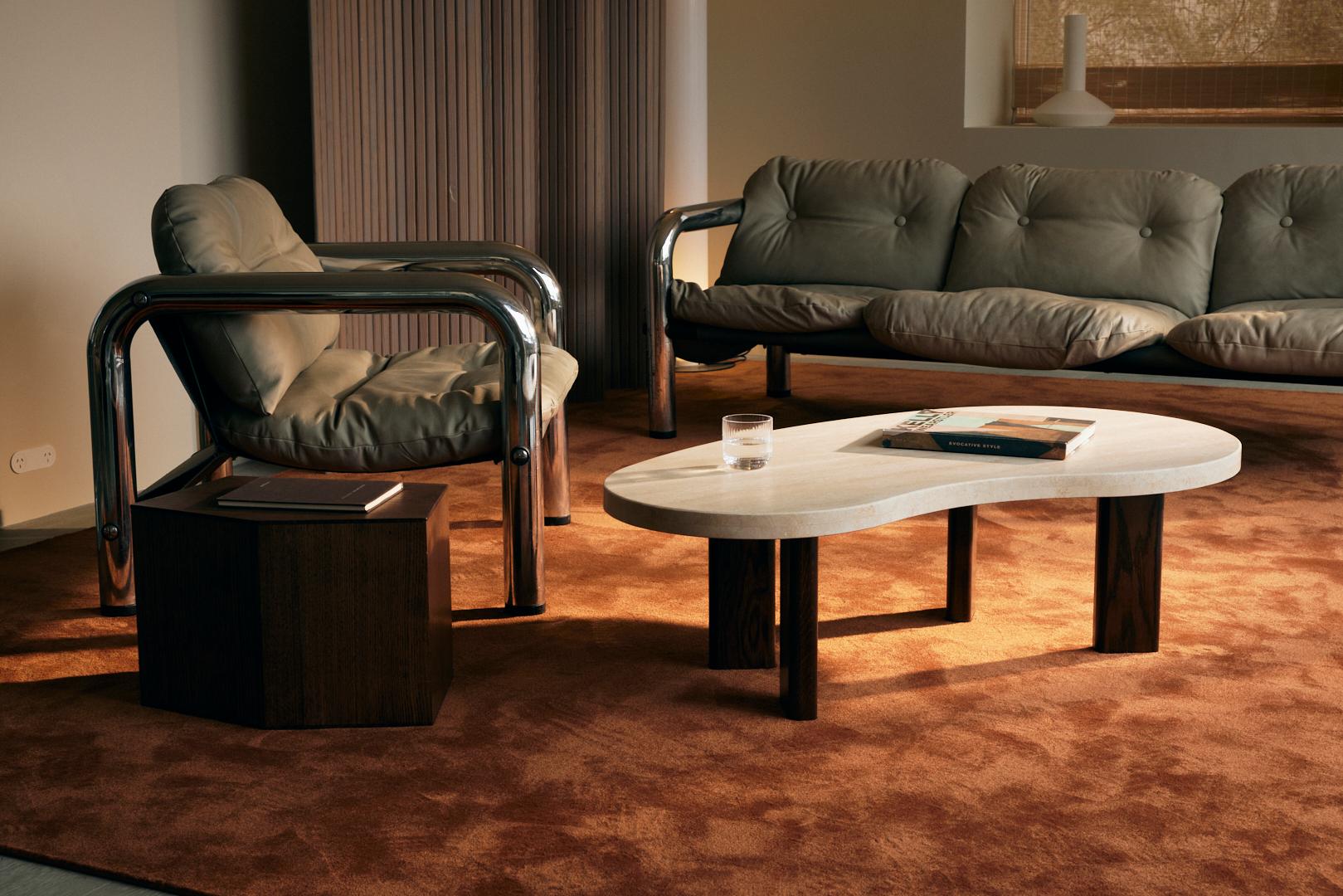Contemporary Rene Coffee Table by Just Adele in Travertine and Walnut Stained Timber For Sale