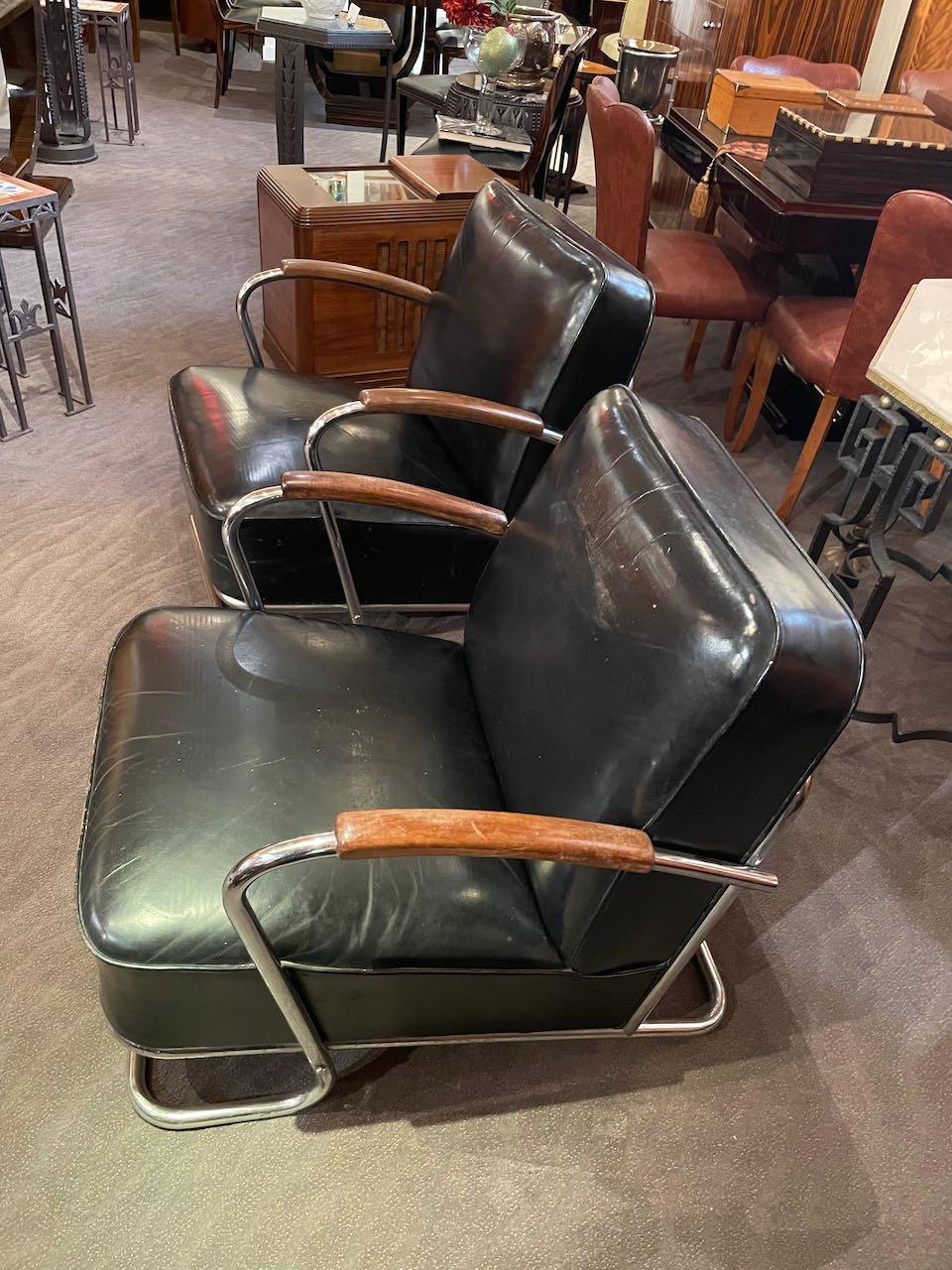 René Coquery for Thonet French Art Deco Tubular Chrome Armchair Pair In Fair Condition In Oakland, CA
