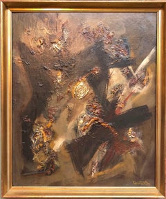 Used French Gestural Abstract Expressionist Textured Oil Painting 