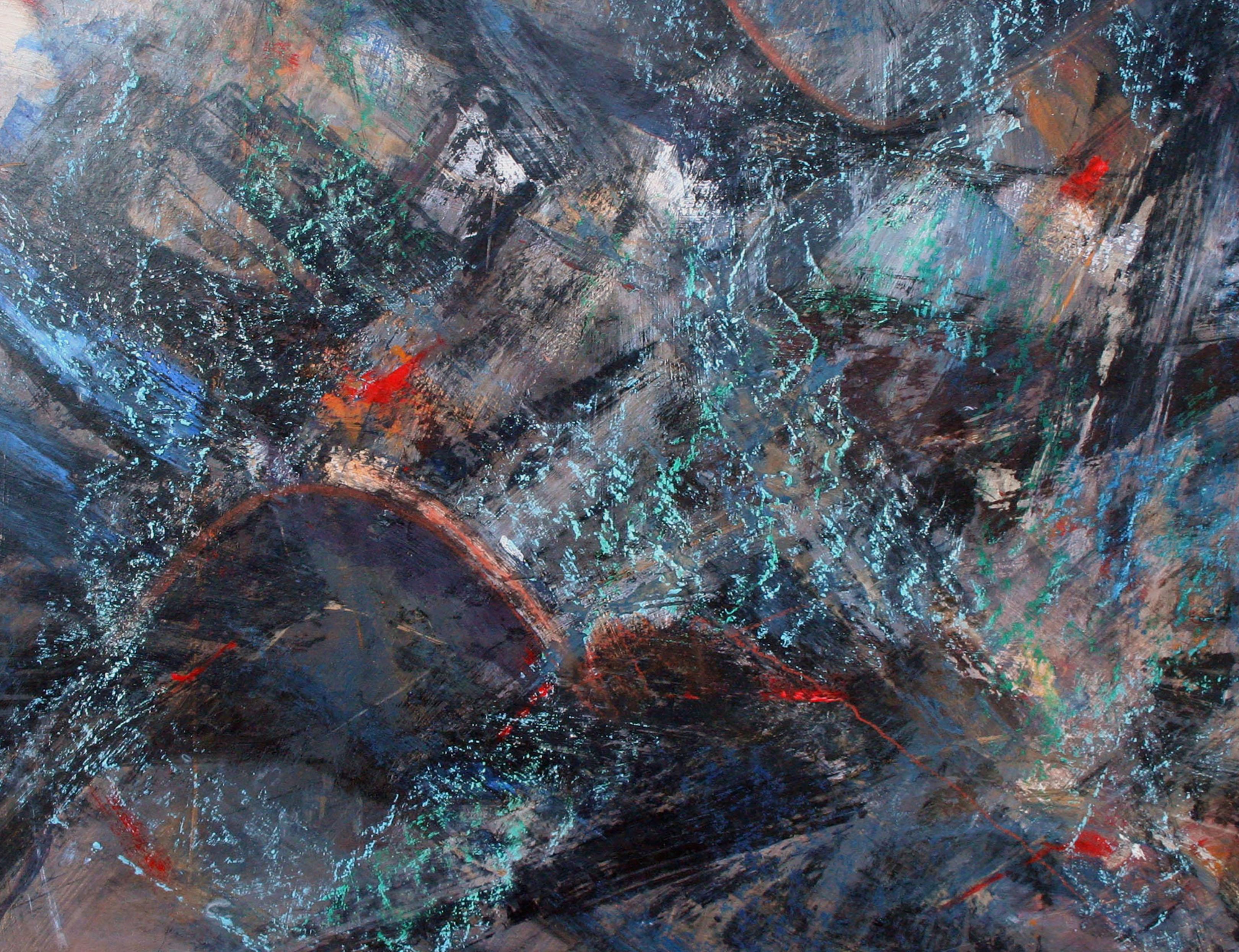 Space Abstract, Mid Century Abstract Expressionism with Grey, Black, Blue, Red - Painting by Rene Couturier