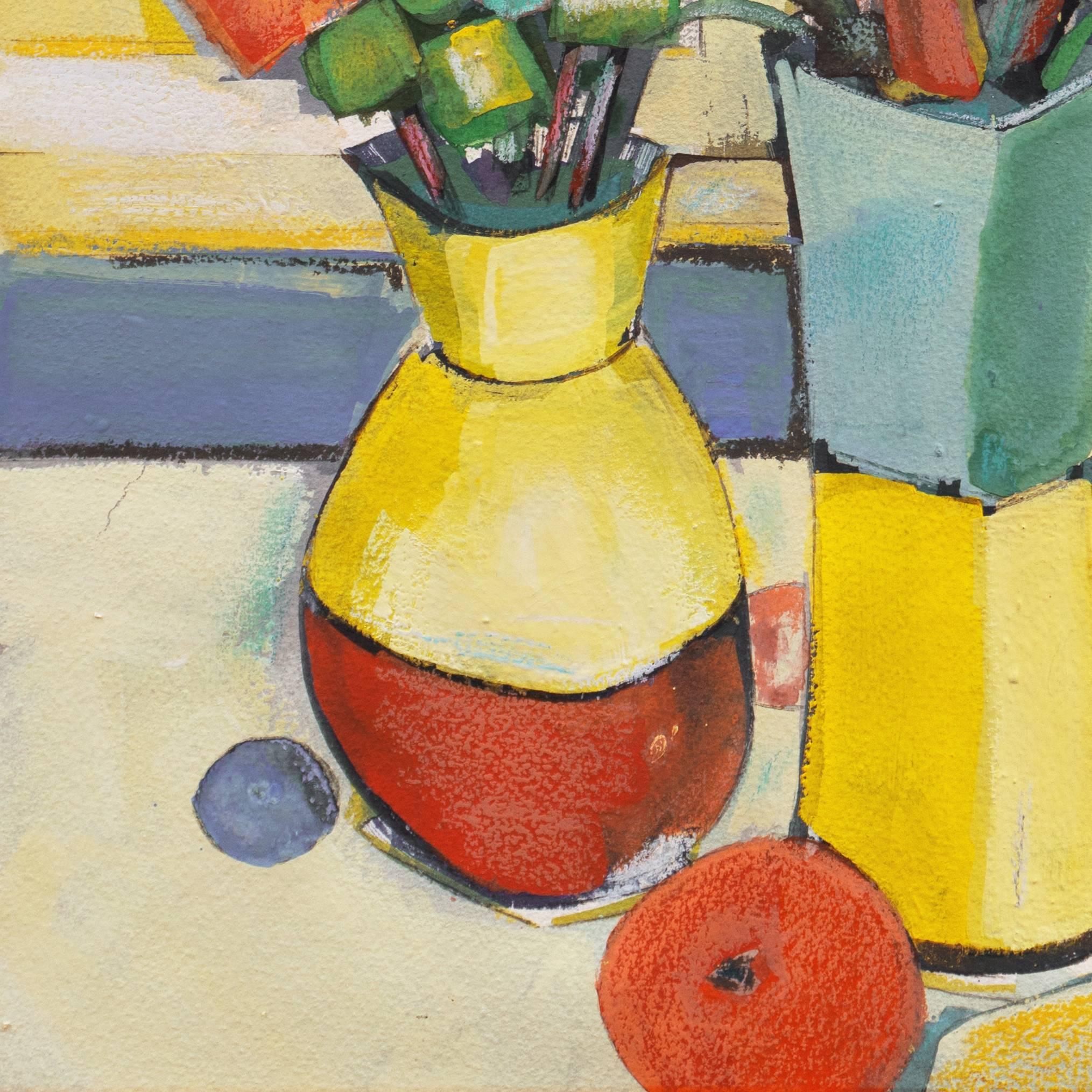A bouquet of bold flowers comprising overlapping washes of primary colors against a variegated pale yellow background in the style of the Le Jeune Peinture Movement. 

Signed lower right, 'R. Couturier' for Rene Couturier (French, born 1933);