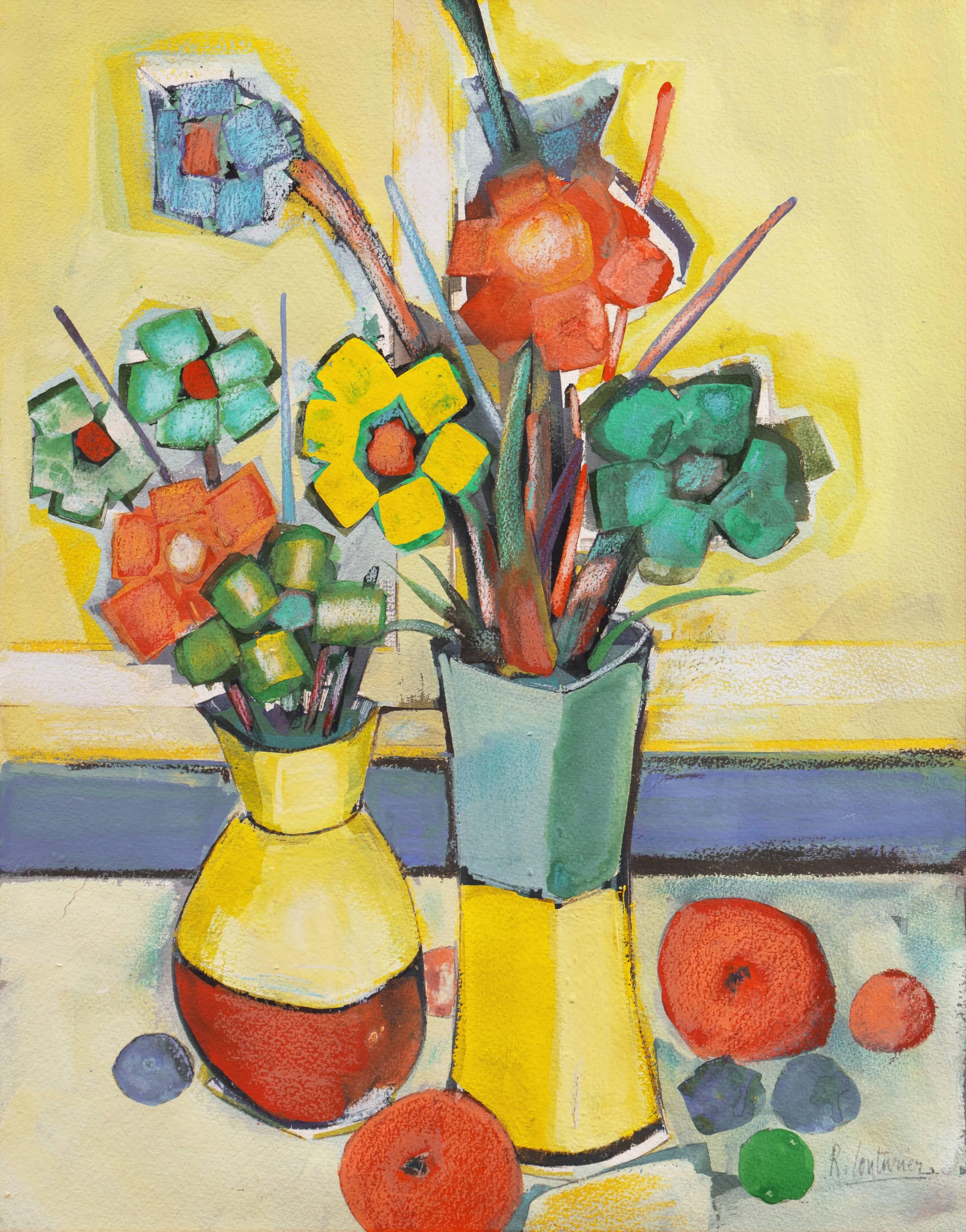  'Still Life of Flowers', Post Impressionist, Paris Salon, Ecole des Beaux Arts - Mixed Media Art by Rene Couturier