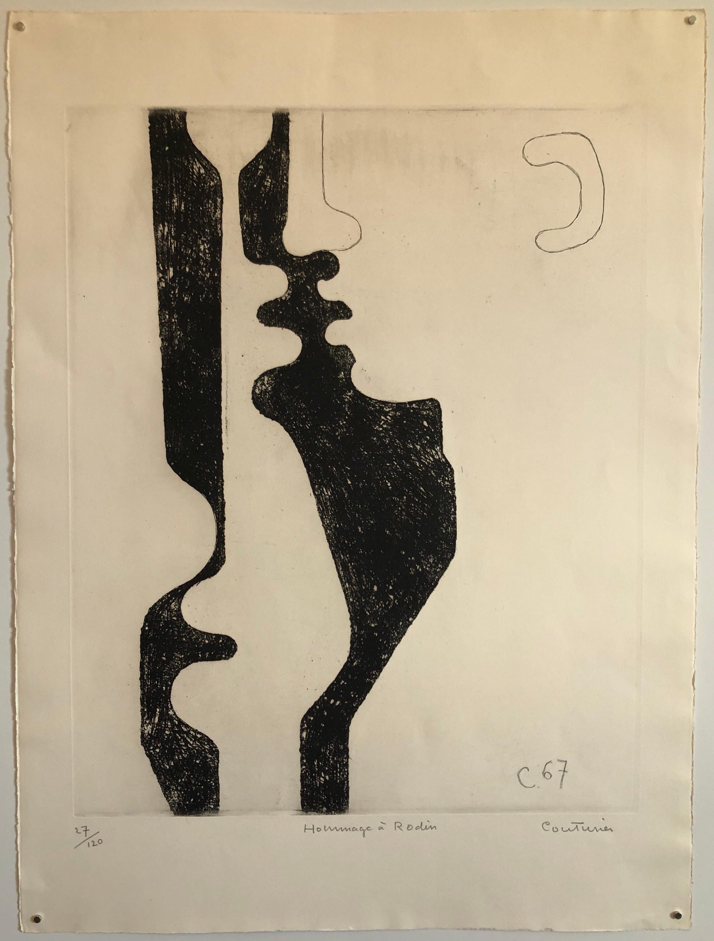 Hommage a Rodin, French Abstract Etching of Nude Sculpture, Stark Black & White 1