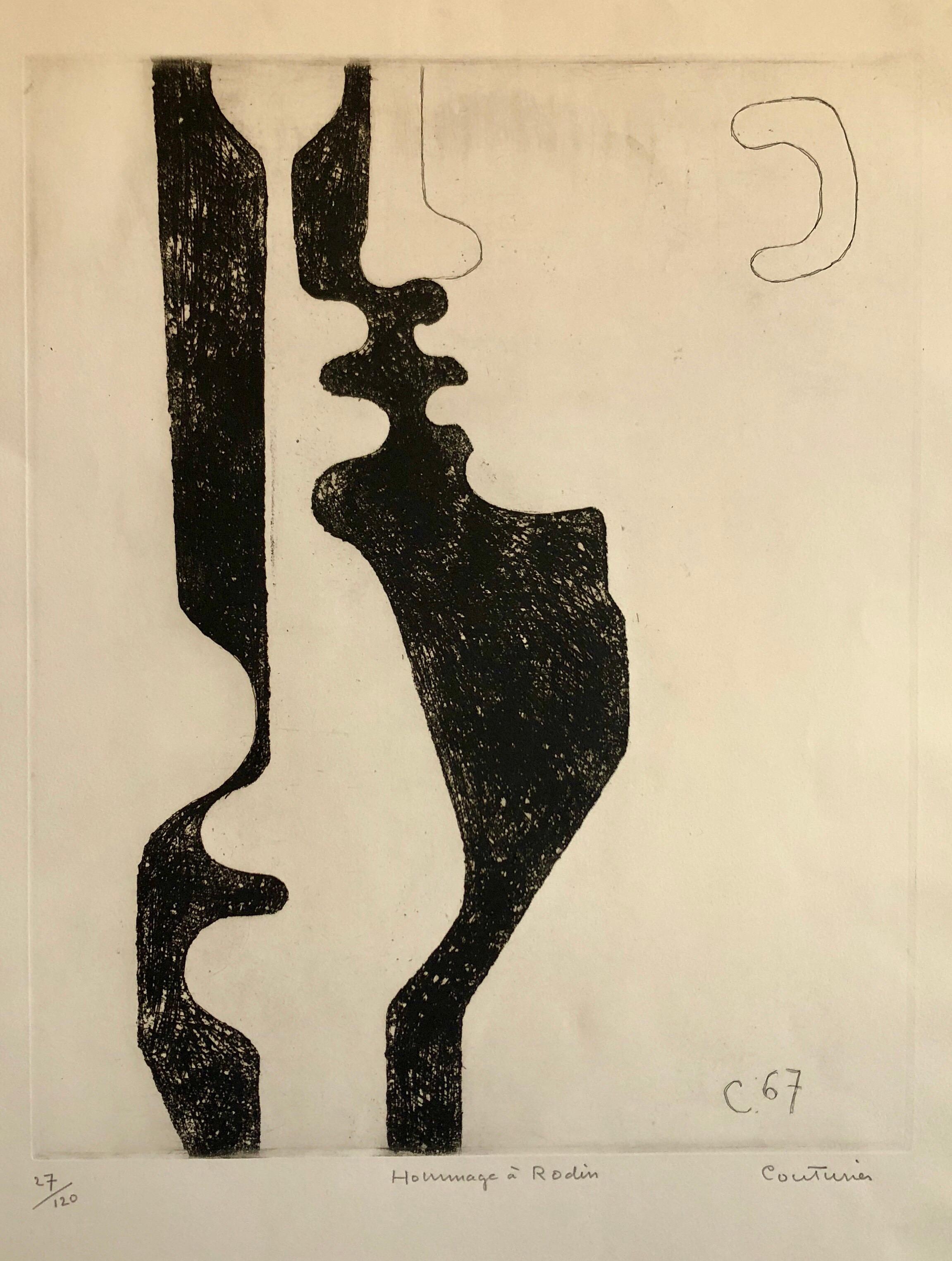 Rene Couturier Nude Print - Hommage a Rodin, French Abstract Etching of Nude Sculpture, Stark Black & White