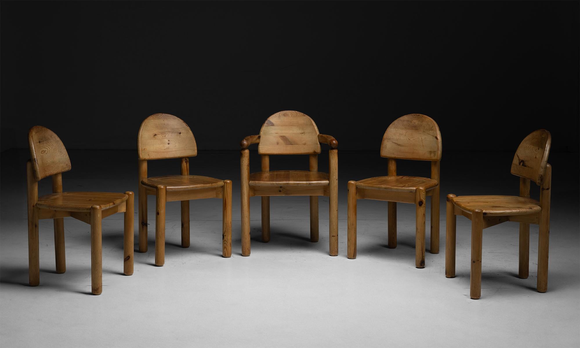 Rene Daumiller Dining Chairs

Denmark circa 1970

Constructed in pine, 2 armchairs and 4 chairs in matching patina.

19”w x 17.5”d x 32.25”h x 17”seat / WITH ARMS: 22.5”w x 20”d x 32.25”h x 17”seat
