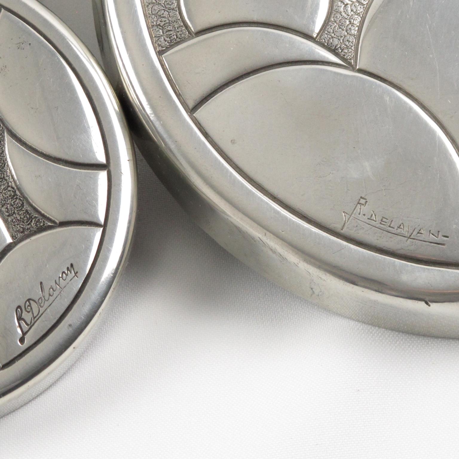 Mid-20th Century René Delavan French Art Deco Dinanderie Polished Pewter Box, Set of 2 Pieces