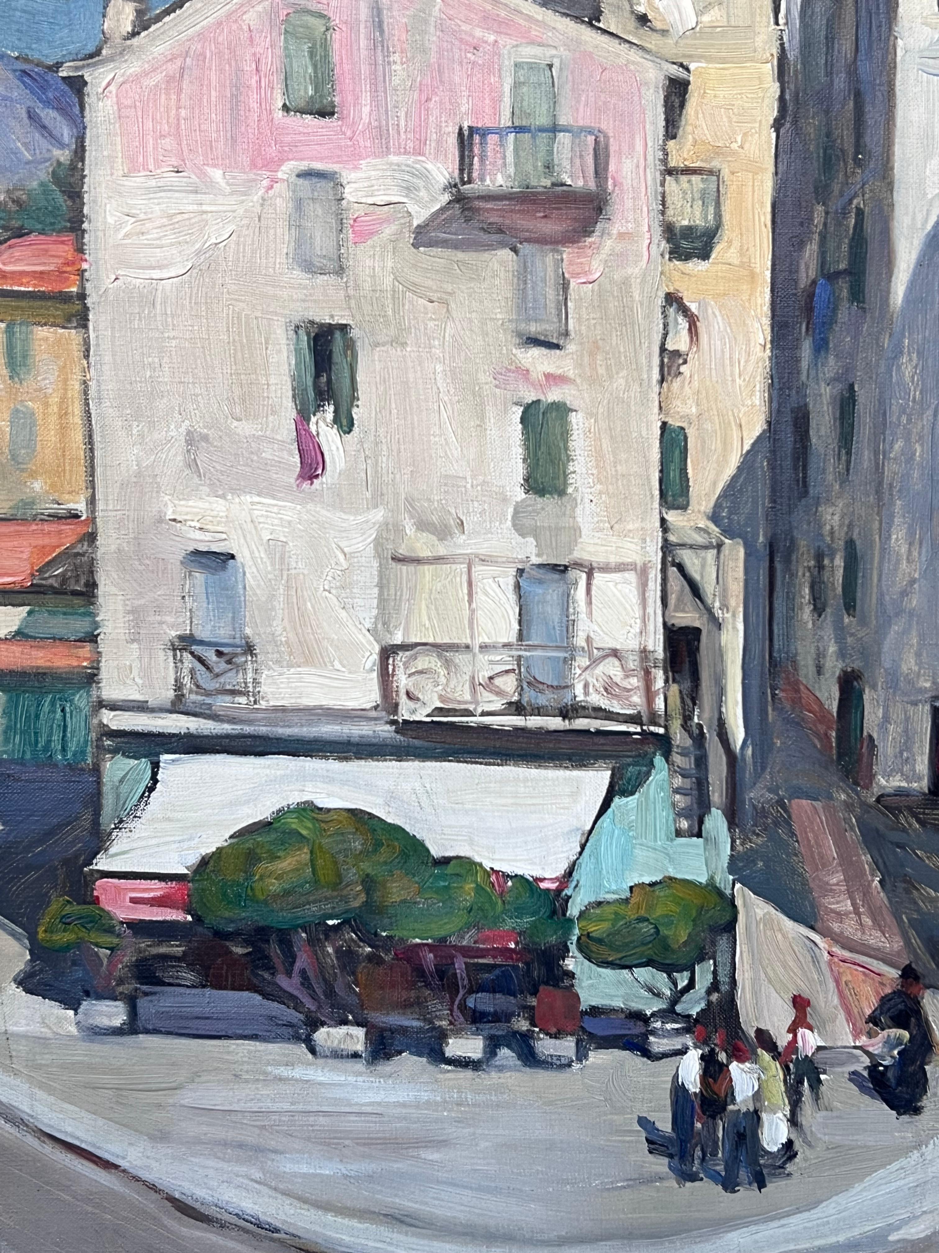 Peinture à l'huile post-impressionniste française des années 1930 à Menton, dans le sud de la France - Gris Landscape Painting par Rene Deydier