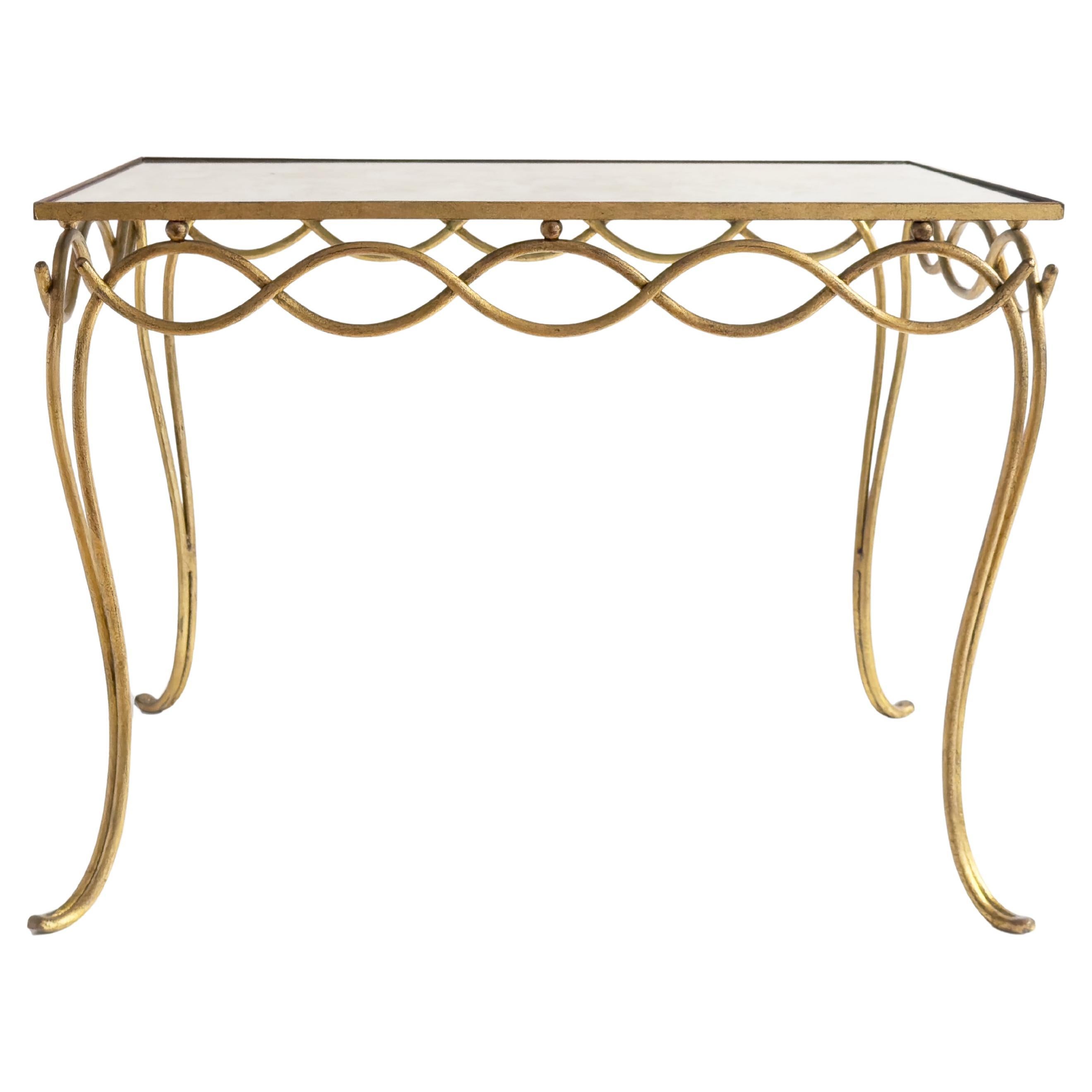 René Drouet - 20th Century Coffee Table in Gilded Metal and Eglomized Mirror Top For Sale
